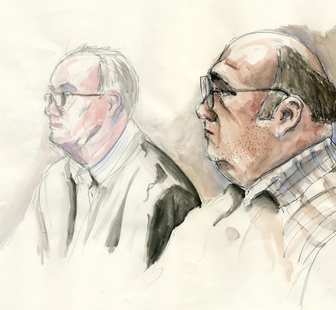 Gerichtszeichnung Mannheim Angeklagter mit Anwalt - Gerichtszeichner Martin Burkhardt