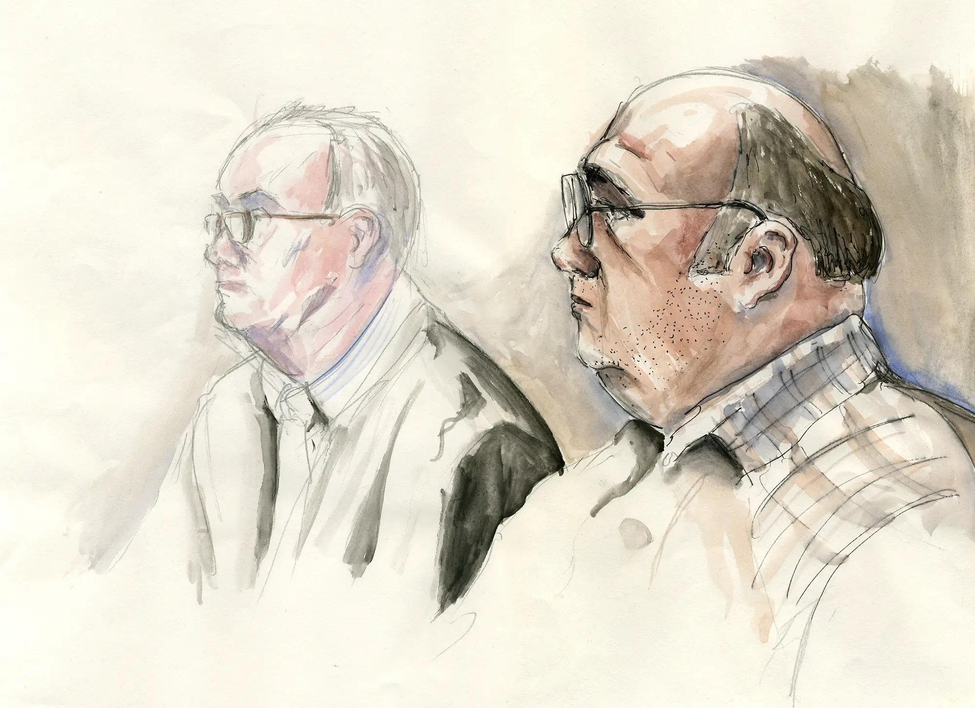 Gerichtszeichnung Mannheim Angeklagter mit Anwalt - Gerichtszeichner Martin Burkhardt