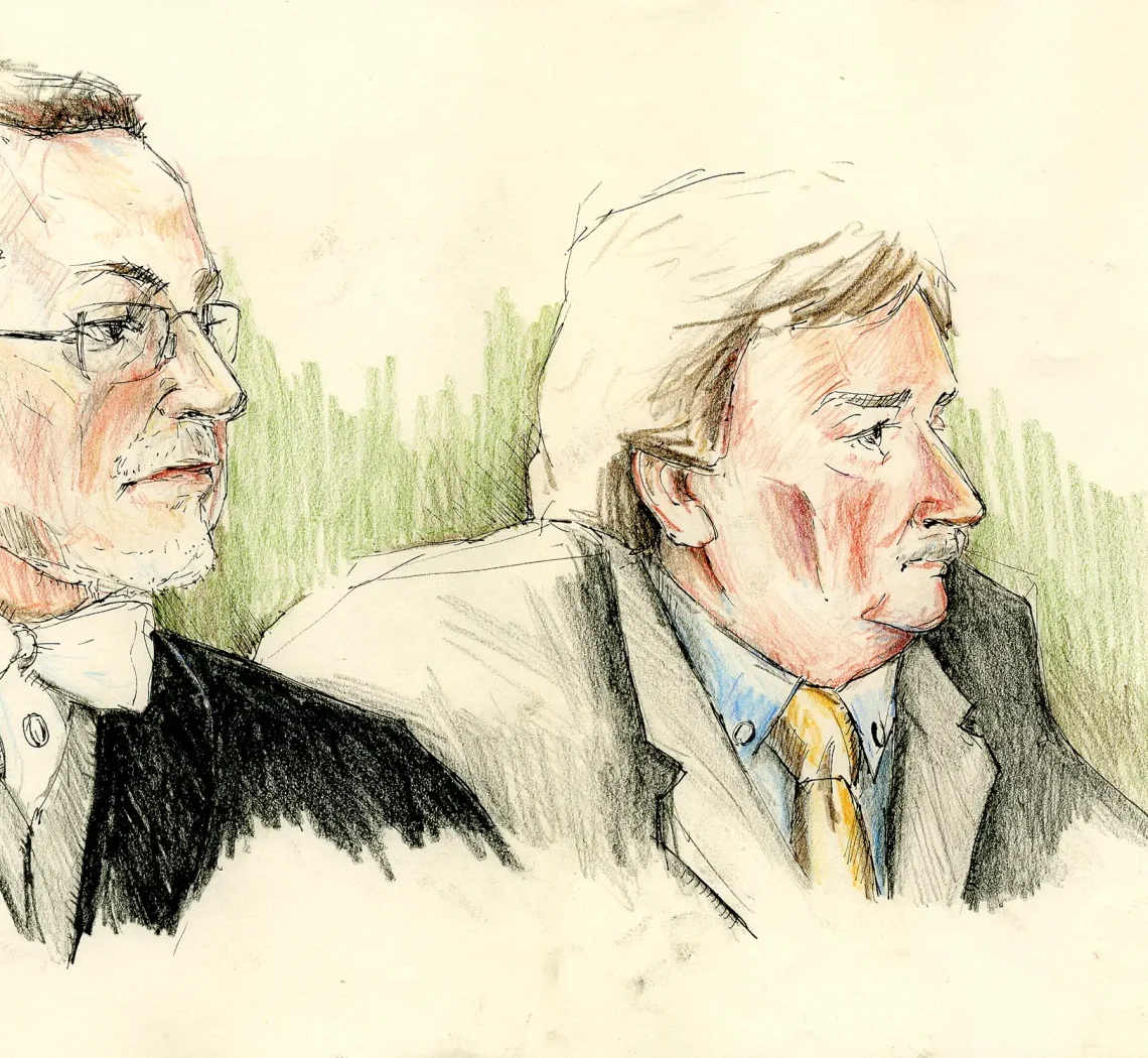 Gerichtszeichnung Frankenthal Angeklagter mit Anwalt - Gerichtszeichner Martin Burkhardt