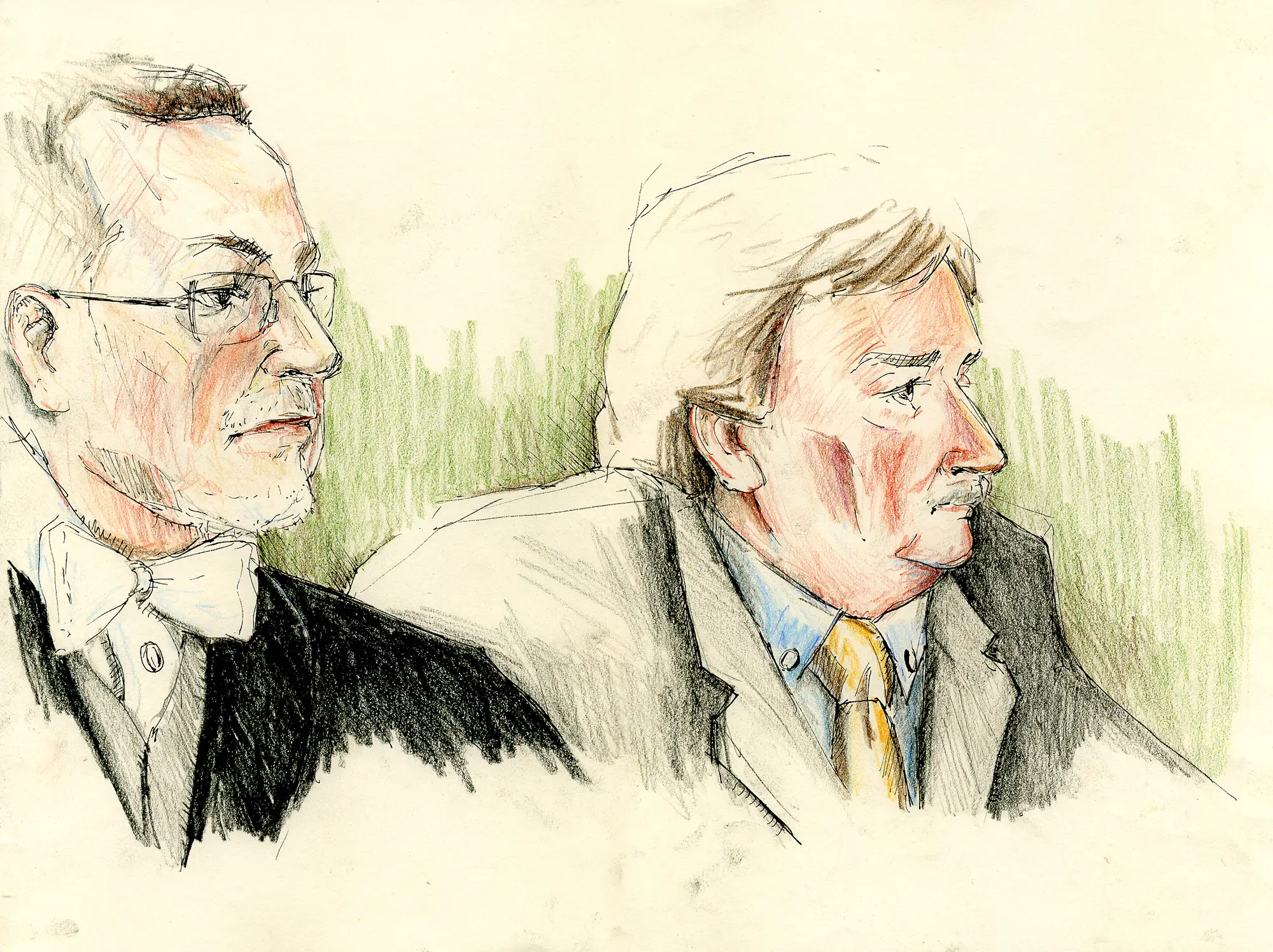 Gerichtszeichnung Frankenthal Angeklagter mit Anwalt - Gerichtszeichner Martin Burkhardt