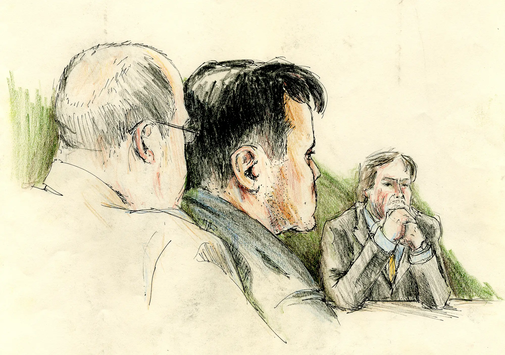 Gerichtszeichnung Frankenthal Anwalt, Zeuge und Angeklagter - Gerichtszeichner Martin Burkhardt