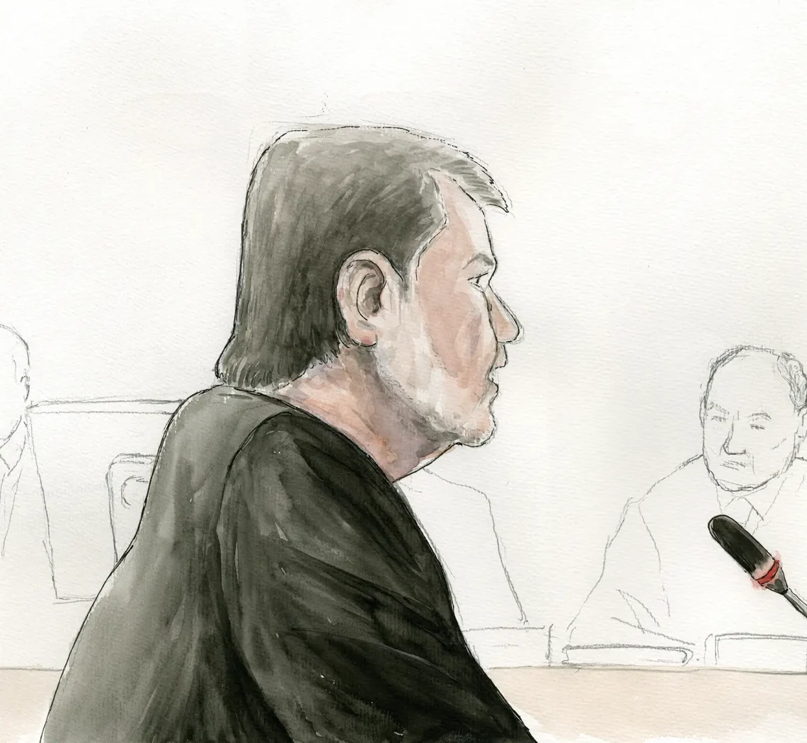 Gerichtszeichnung Nürburgring-Prozess - Kurt Beck im Zeugenstand - Gerichtszeichner Martin Burkhardt