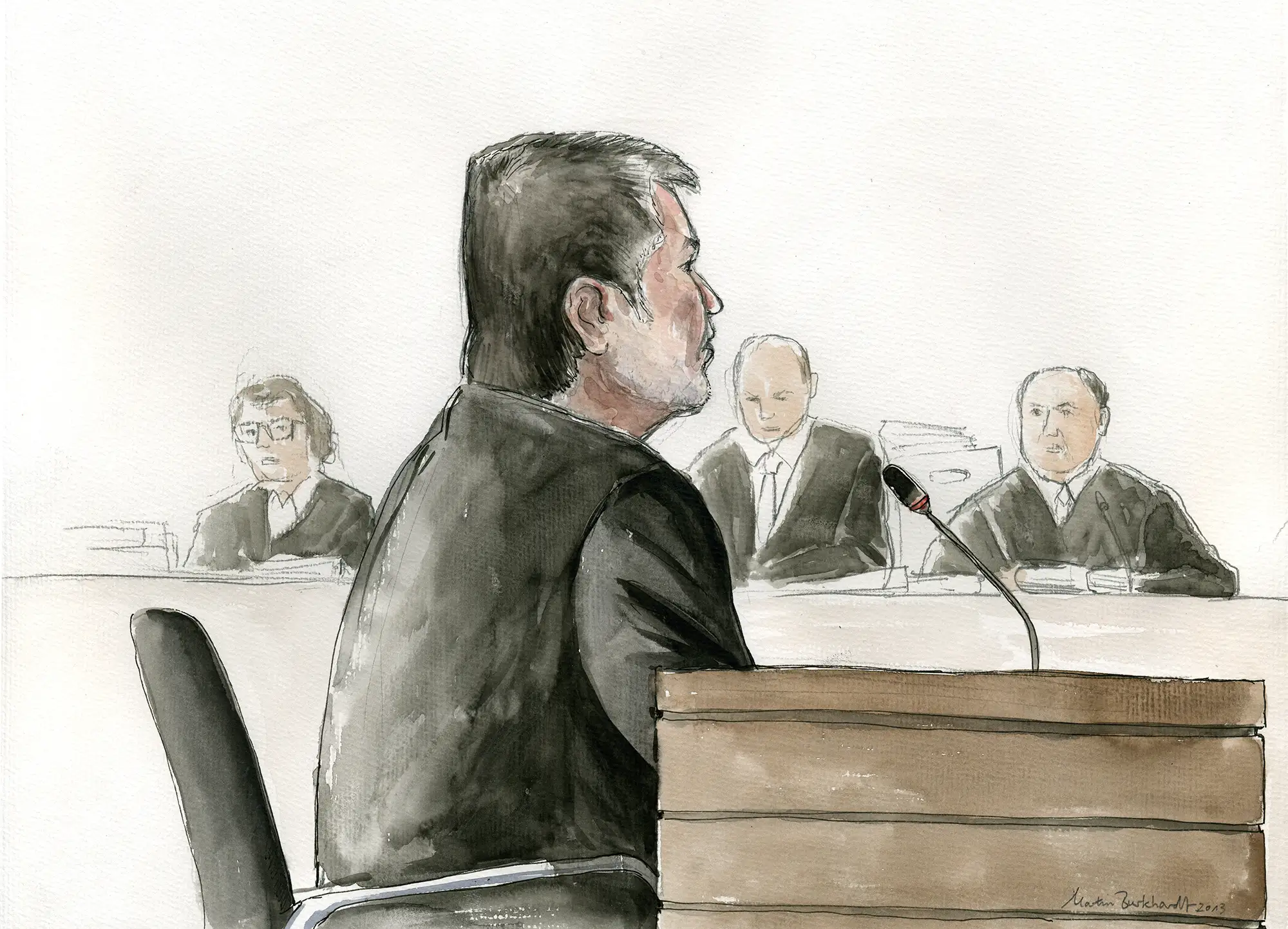 Gerichtszeichnung Nürburgring-Prozess - Kurt Beck im Zeugenstand - Gerichtszeichner Martin Burkhardt
