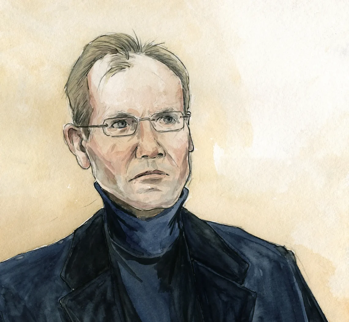 Gerichtszeichnung im Wirecardprozess - Der Spiegel - Gerichtssaal in der JVA München Stadelheim - Gerichtszeichner Martin Burkhardt