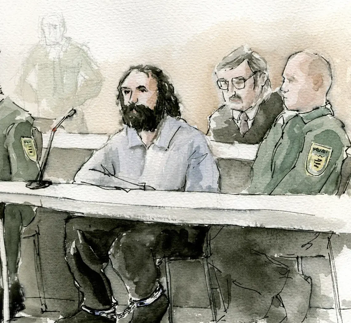 Gerichtszeichnung: Ausbrecherkoenig Gheorge Axane mit Anwalt und Justizbeamten - Gerichtszeichner Martin Burkhardt