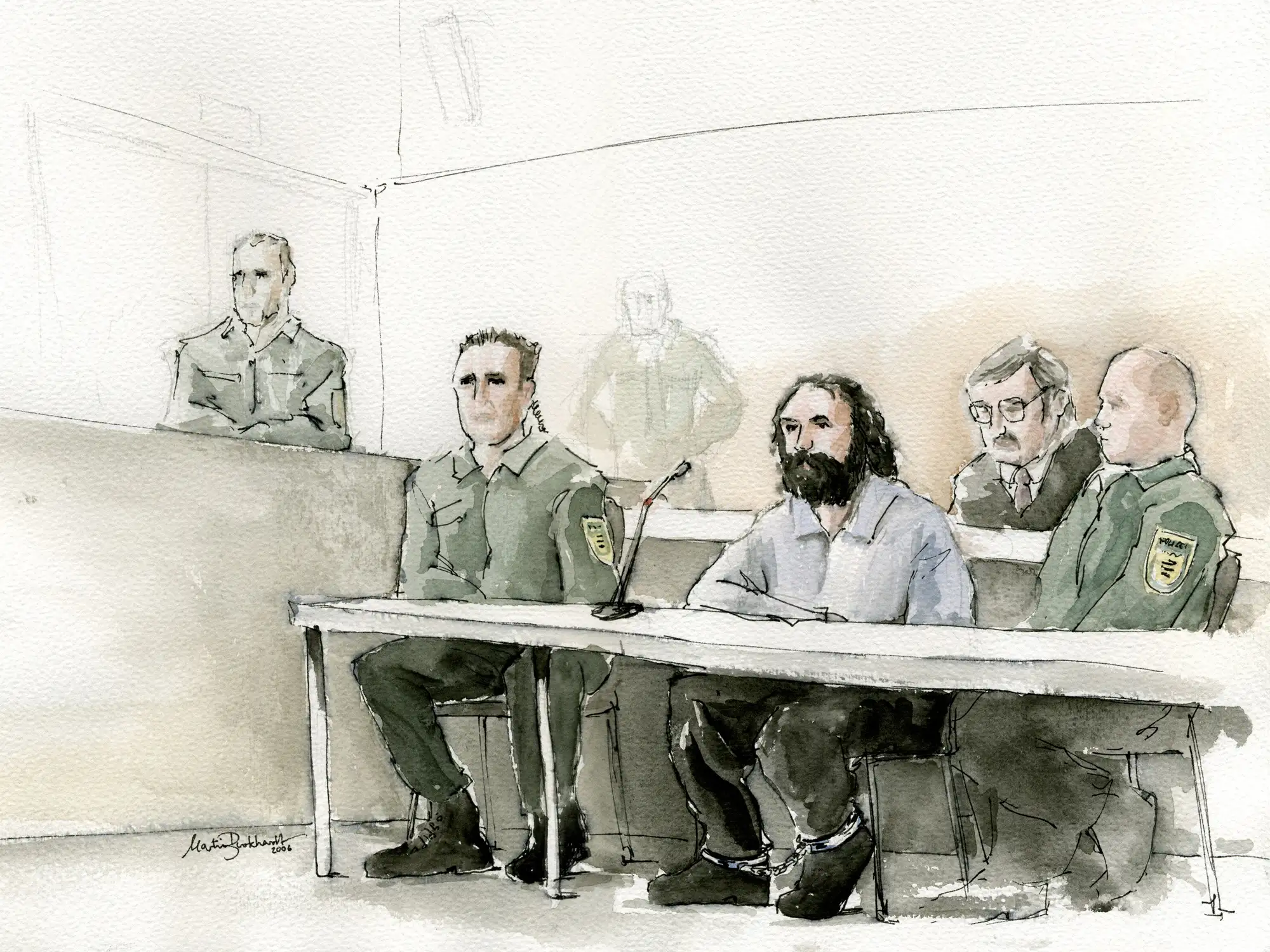 Gerichtszeichnung: Ausbrecherkoenig Gheorge Axane mit Anwalt und Justizbeamten - Gerichtszeichner Martin Burkhardt