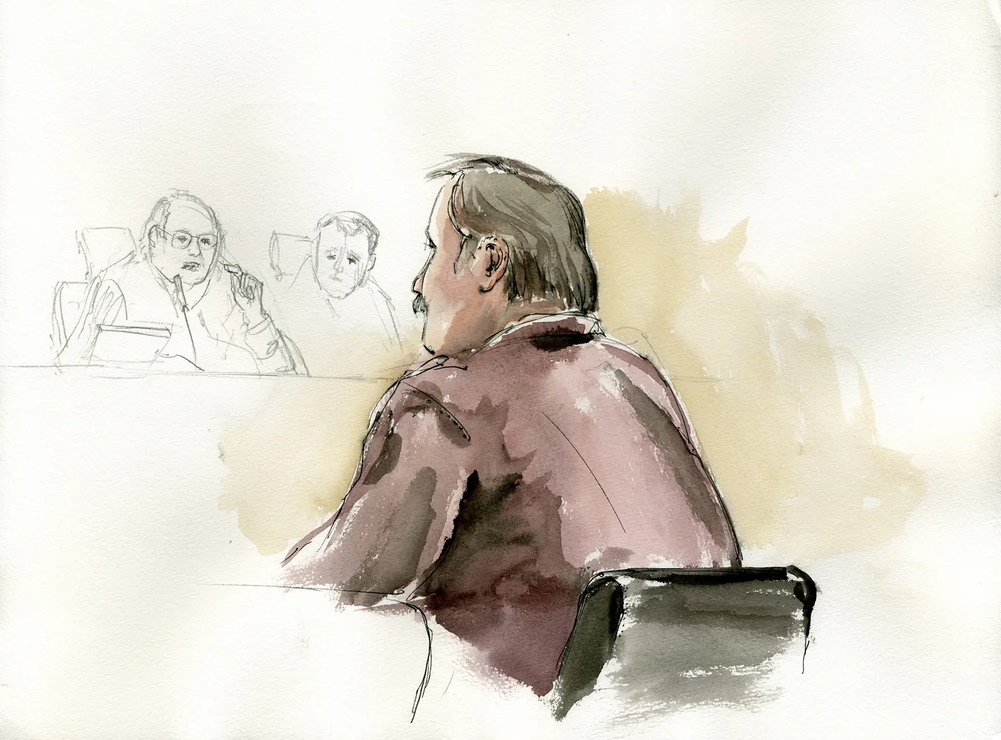 Gerichtszeichnung: Angeklagter im Maedchenmordprozess Darmstadt, Richter im Hintergrund - Gerichtszeichner Martin Burkhardt