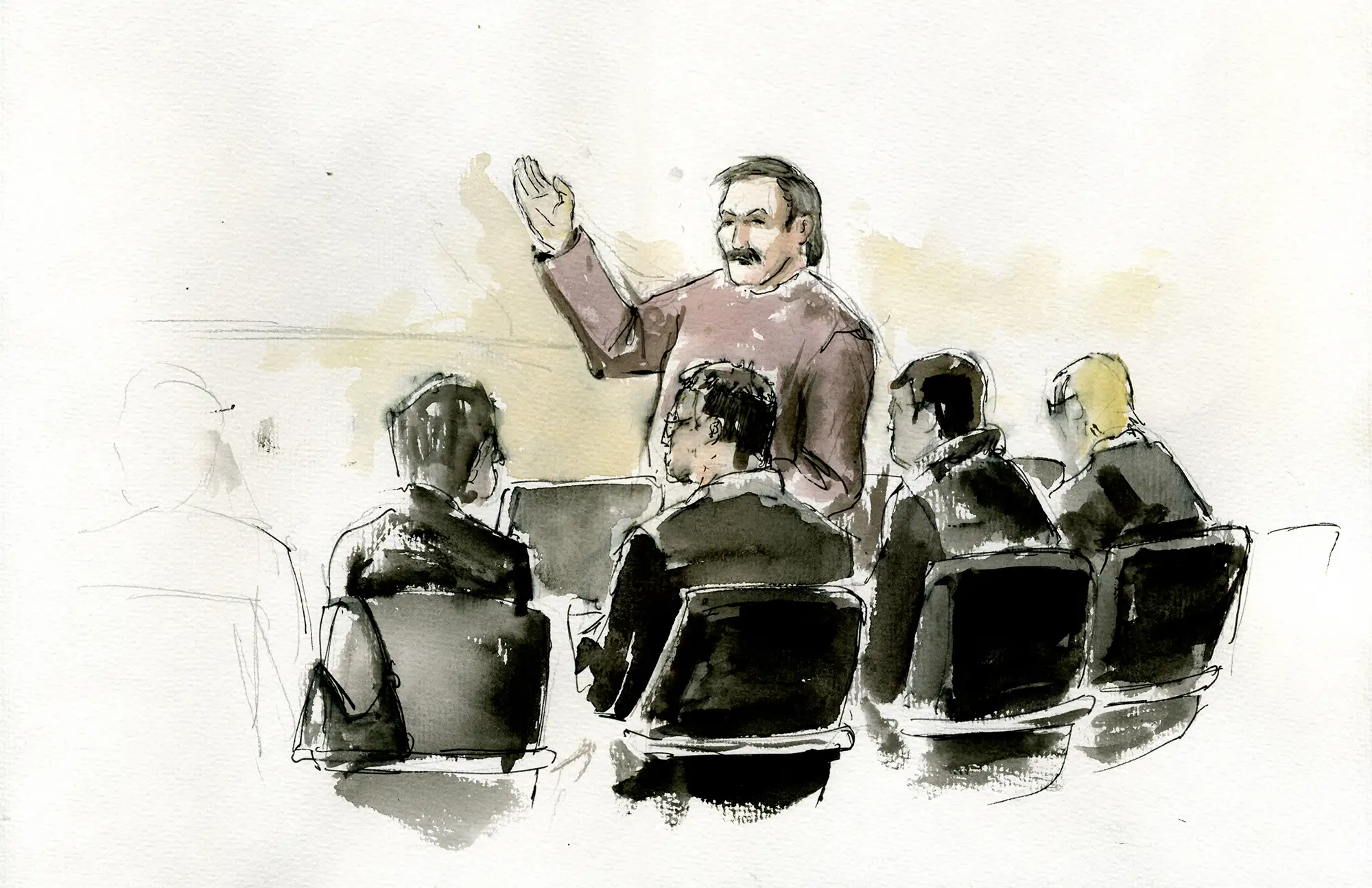 Gerichtszeichnung: Angeklagter im Maedchenmordprozess Darmstadt, steht und diskutiert - Gerichtszeichner Martin Burkhardt