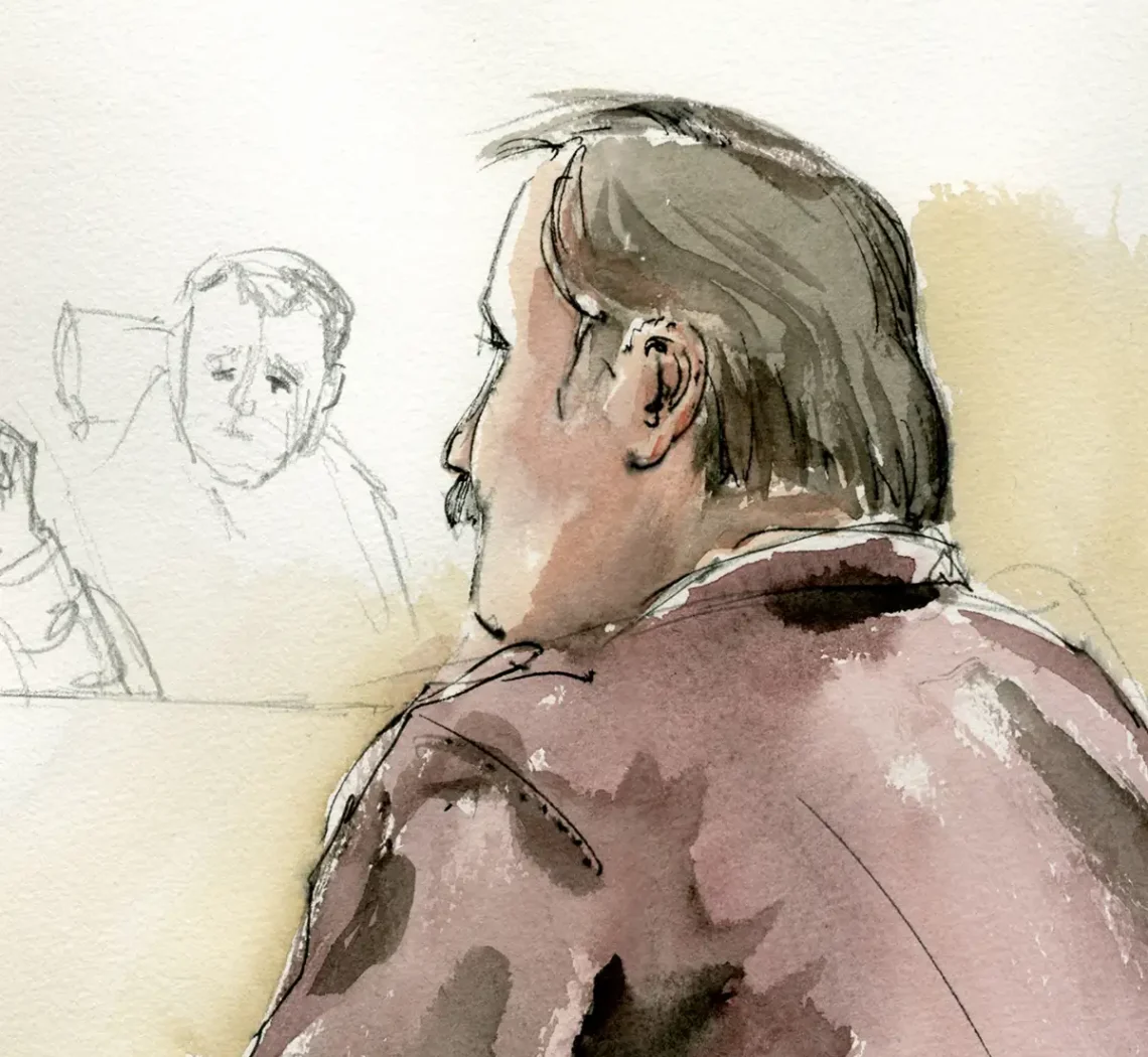 Gerichtszeichnung: Angeklagter im Maedchenmordprozess Darmstadt - Gerichtszeichner Martin Burkhardt