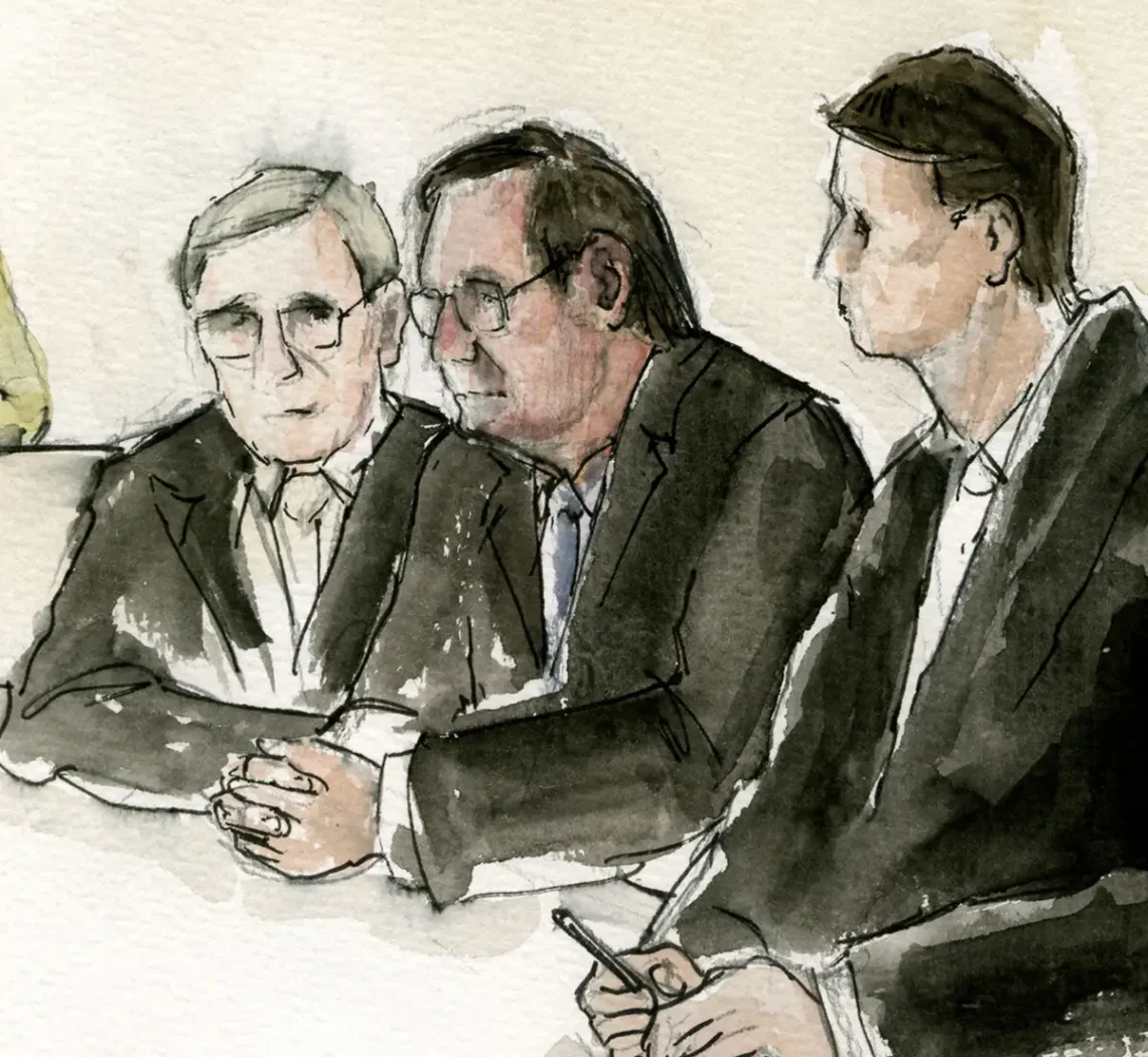 Gerichtszeichnung im Mannheimer Sterbehilfeprozess. Angeklagter Arzt mit Anwälten - Gerichtszeichner Martin Burkhardt