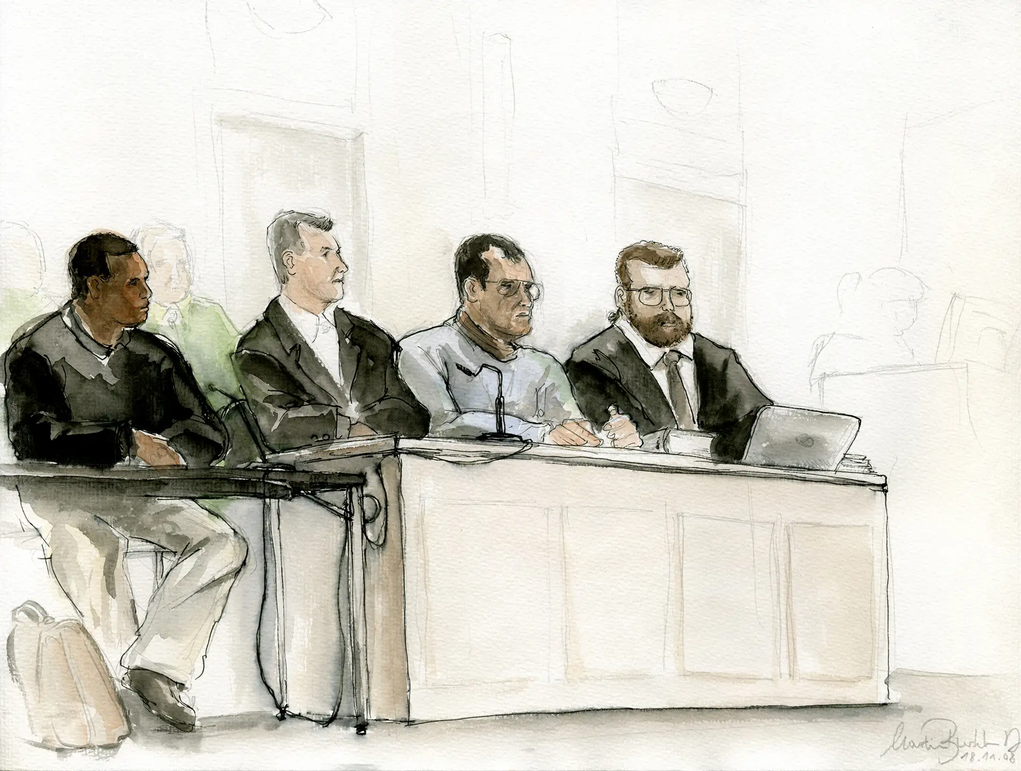 Gerichtszeichnung: V-Mann-Prozess 2008 in Frankenthal, die zwei Angeklagte mit ihren Anwälten - Gerichtszeichner Martin Burkhardt