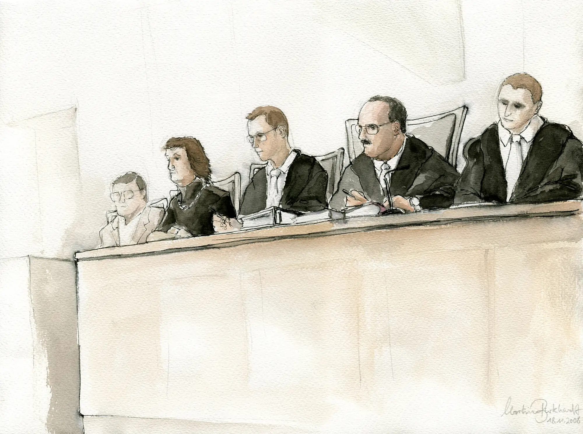 Gerichtszeichnung: V-Mann-Prozess 2008 in Frankenthal, Richterbank - Gerichtszeichner Martin Burkhardt