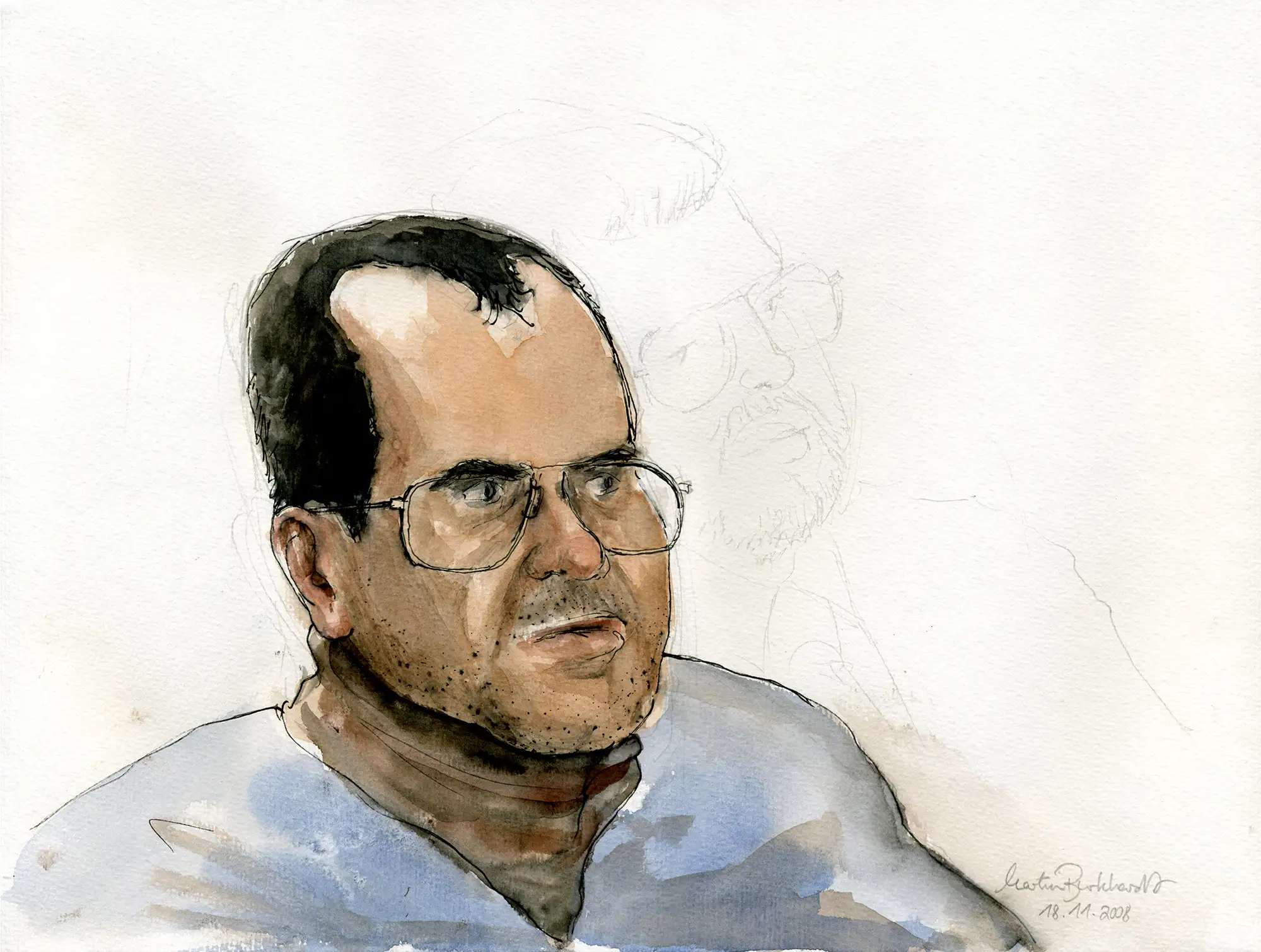 Gerichtszeichnung: V-Mann-Prozess 2008 in Frankenthal, Angeklagter - Gerichtszeichner Martin Burkhardt