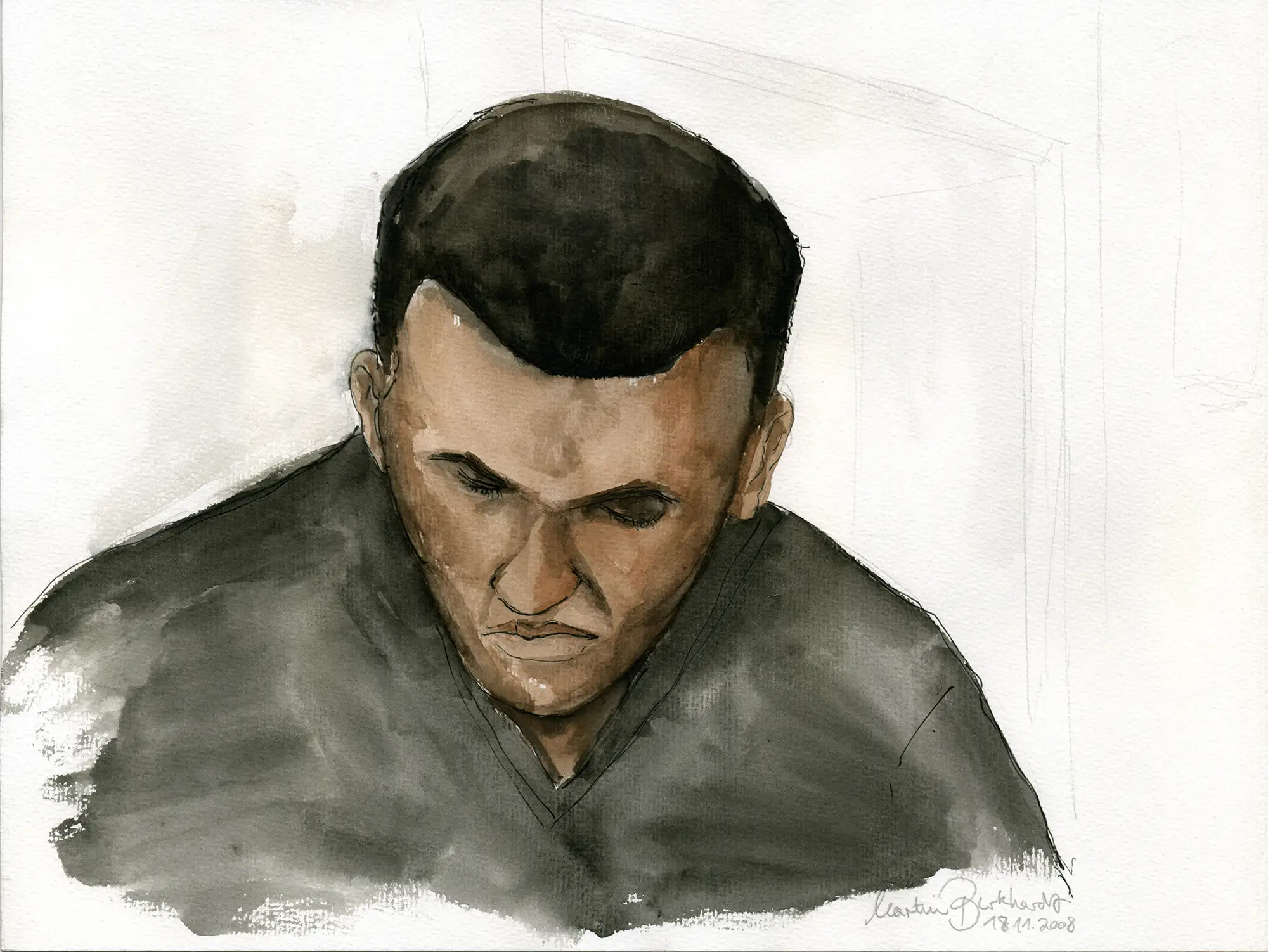 Gerichtszeichnung: V-Mann-Prozess 2008 in Frankenthal, Angeklagter - Gerichtszeichner Martin Burkhardt