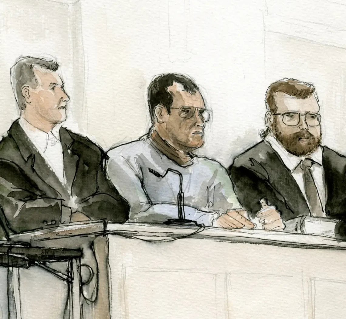 Gerichtszeichnung: V-Mann-Prozess 2008 in Frankenthal, Angeklagte mit Anwälten - Gerichtszeichner Martin Burkhardt