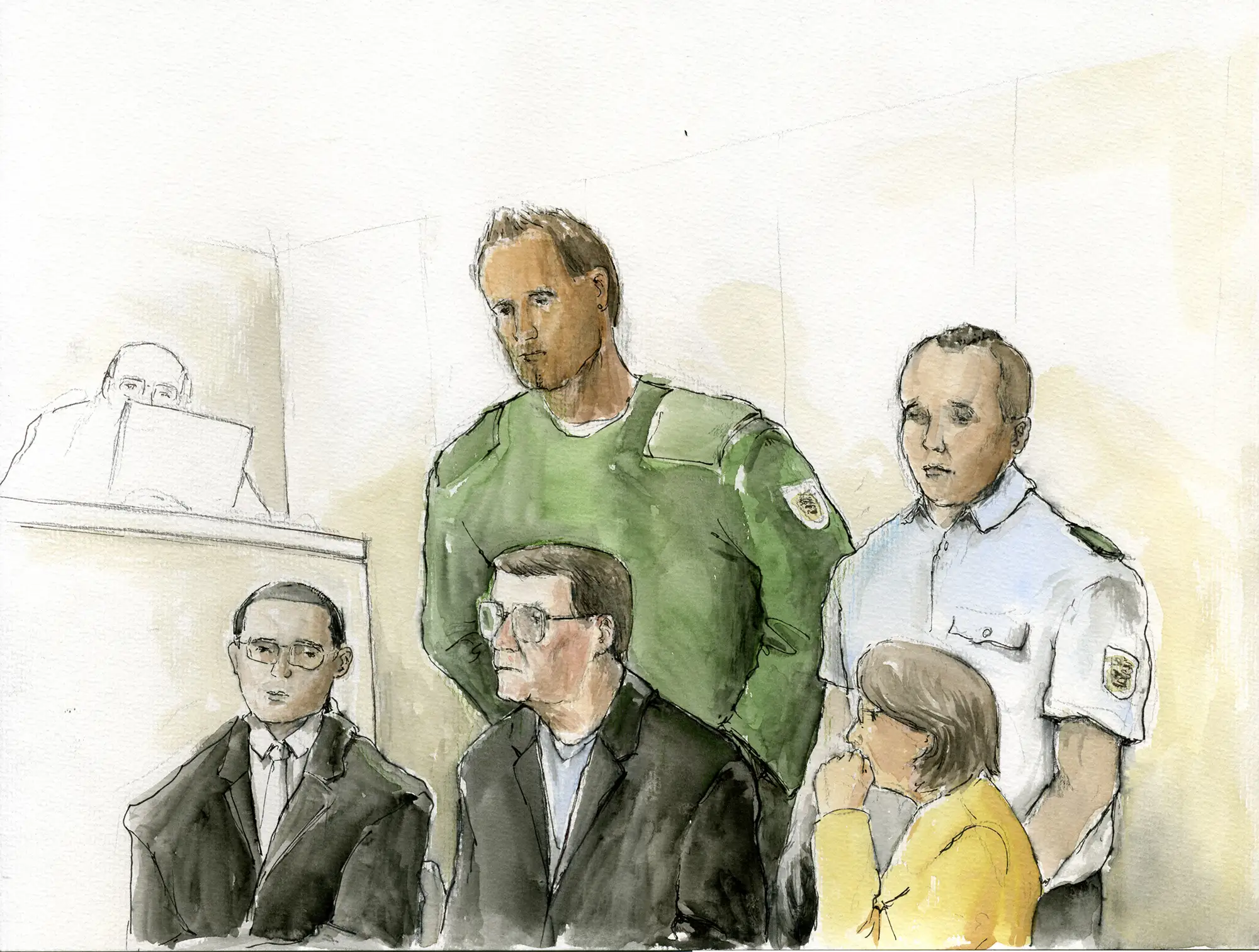 Gerichtszeichnung Prozess im Landgericht Mannheim, Angeklagter mit Anwälten und Justizbeamten - Gerichtszeichner Martin Burkhardt