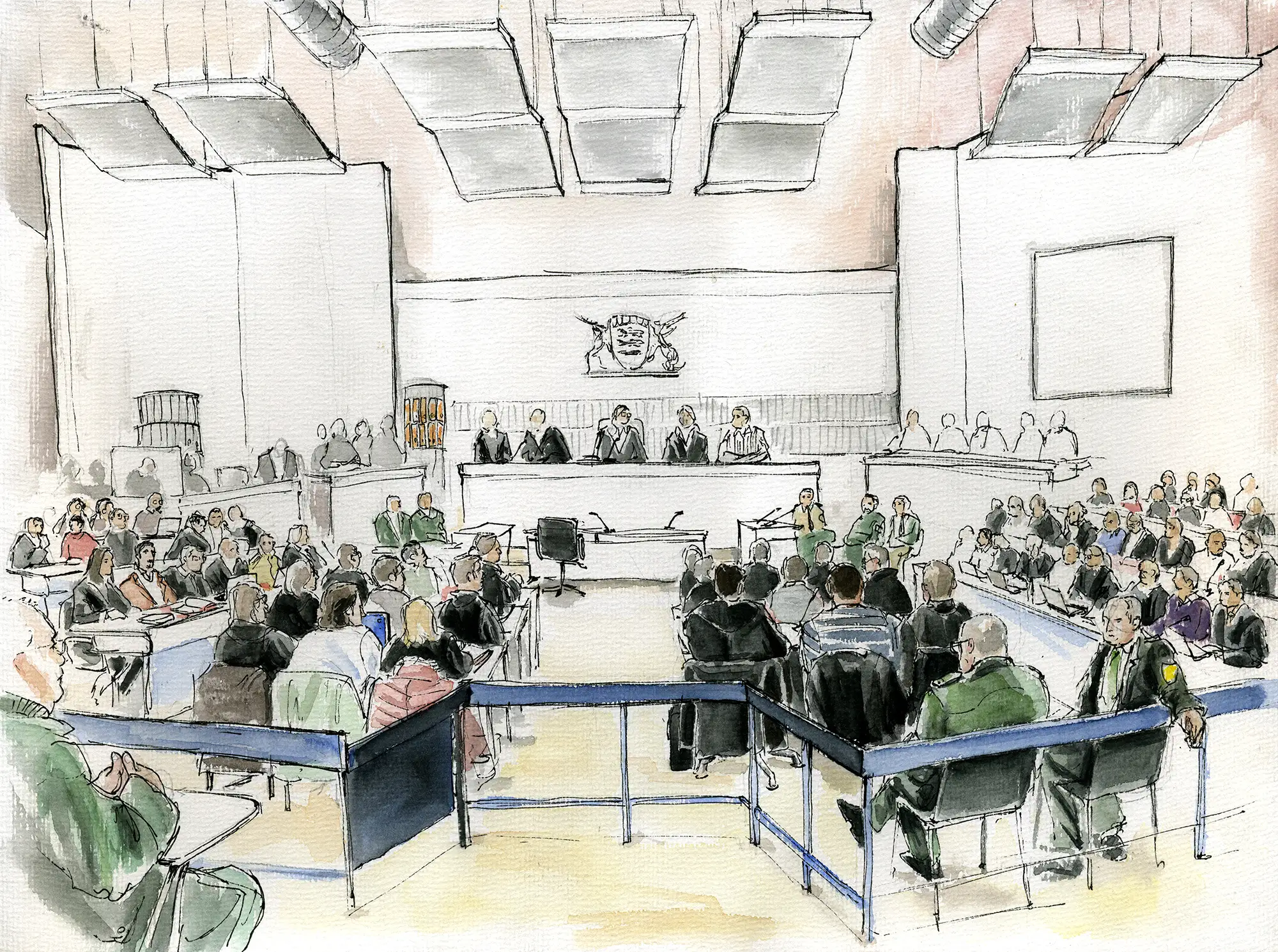 Gerichtszeichnung vom Black Jackets Prozess in Stuttgart Stammheim: Blick in den Gerichtssaal mit 21 Angeklagten und insgesamt über 70 Prozessbeteiligten - Gerichtszeichner Martin Burkhardt