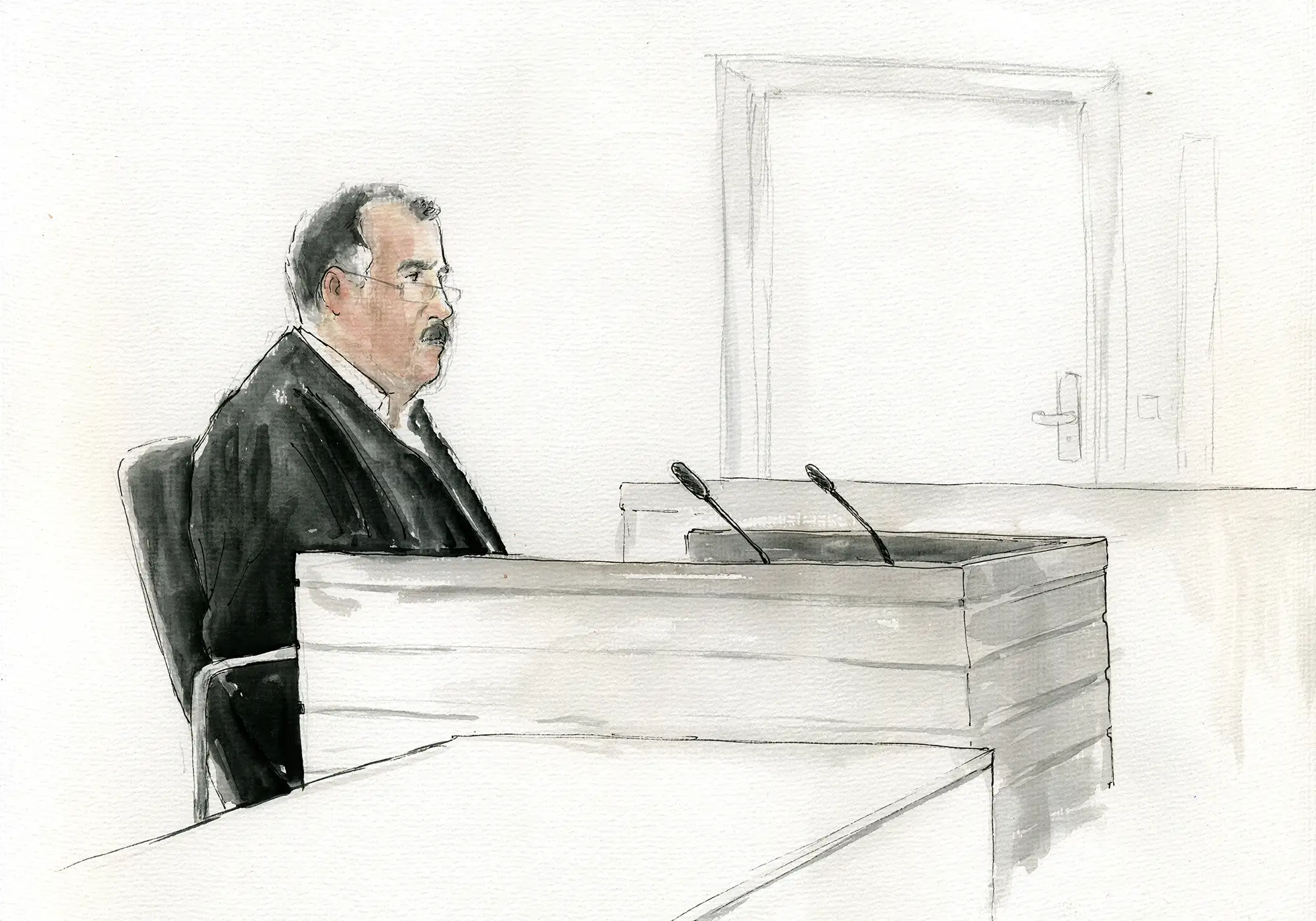 Gerichtszeichnung Hells Angels im Landgericht Koblenz, Staatsanwalt - Gerichtszeichner Martin Burkhardt