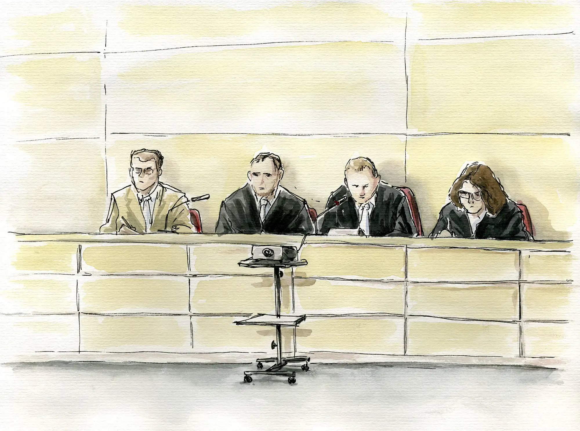 Gerichtszeichnung Rockermordprozess Kaiserslautern: Richterbank mit Vorsitzendem Richter - Gerichtszeichner Martin Burkhardt