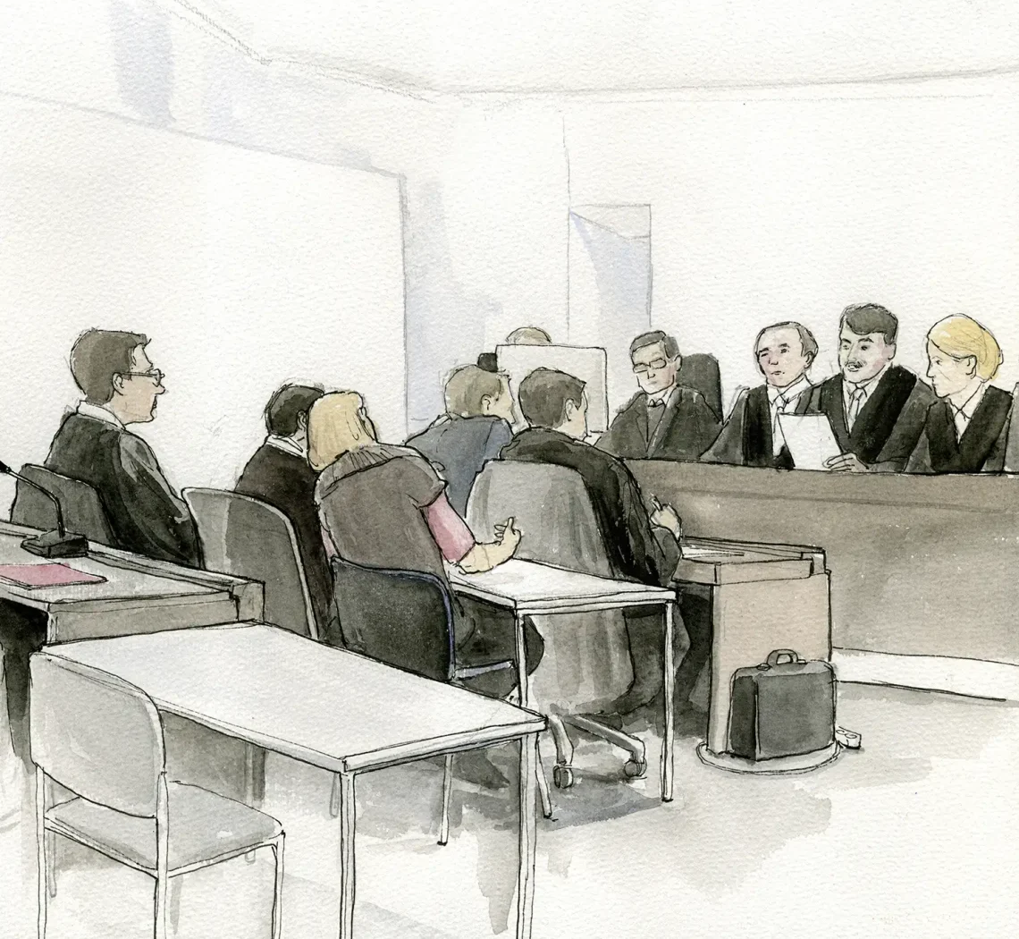 Gerichtszeichnung im DeBeira Goldfields-Prozess in Stuttgart - Gerichtszeichner Martin Burkhardt