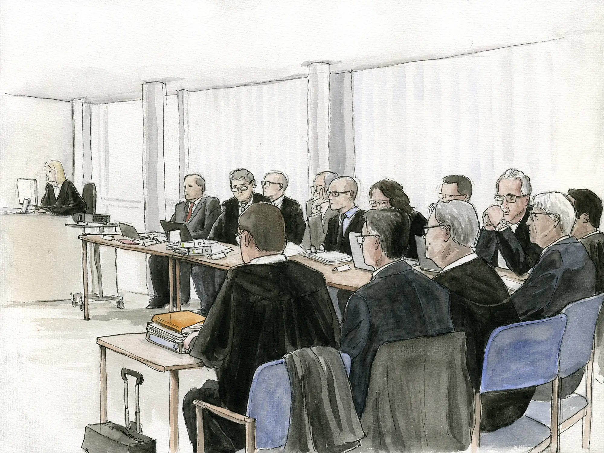 Gerichtszeichnung Nürburgring-Prozess - Angeklagte und Verteidigung - Gerichtszeichner Martin Burkhardt