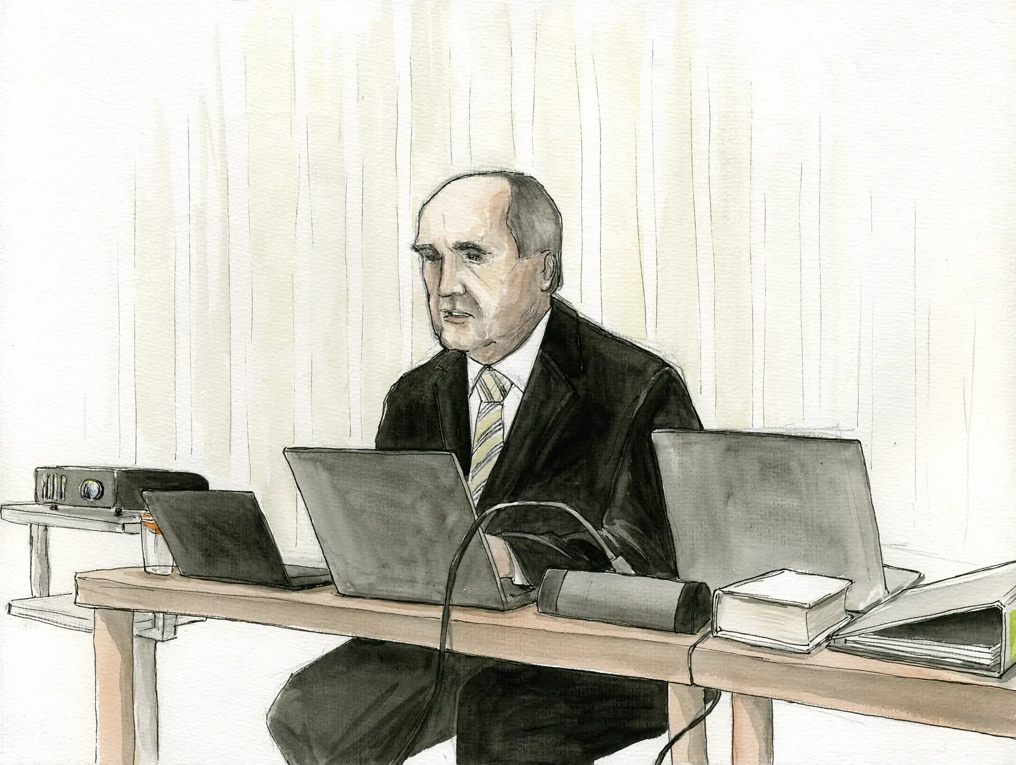 Gerichtszeichnung Nürburgring-Prozess - Angeklagter Ingolf Deubel - Gerichtszeichner Martin Burkhardt