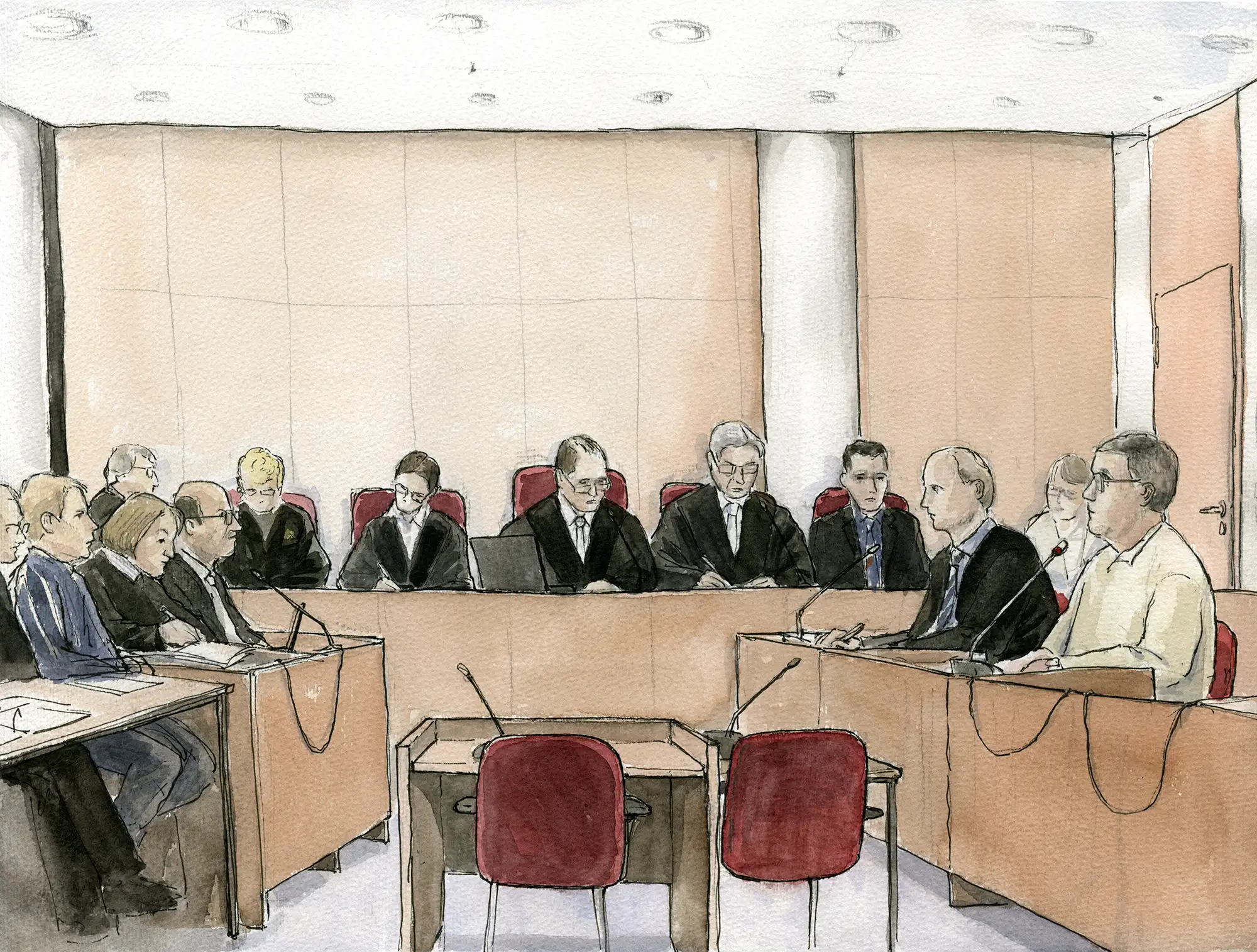 Gerichtszeichnung aus dem Trudel Ulmen-Prozess in Bonn - Staatsanwaltschaft, Richter, Angeklagter und Verteidigung - Gerichtszeichner Martin Burkhardt