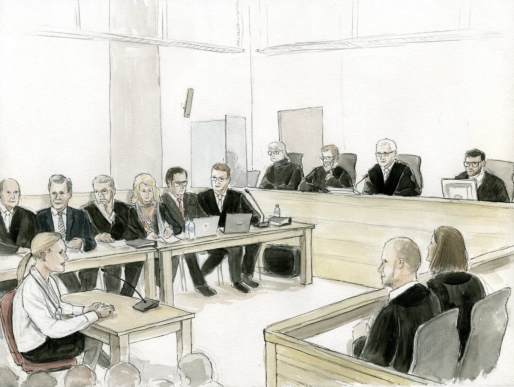 Gerichtszeichnung: Bettina Wulff im Zeugenstand beim Wulff-Prozess in Hannover - Gerichtszeichner Martin Burkhardt