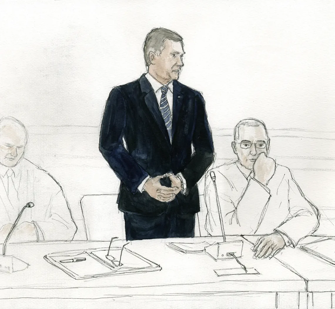 Gerichtszeichnung - Christian Wulff im Wulff-Prozess in Hannover - Gerichtszeichner Martin Burkhardt
