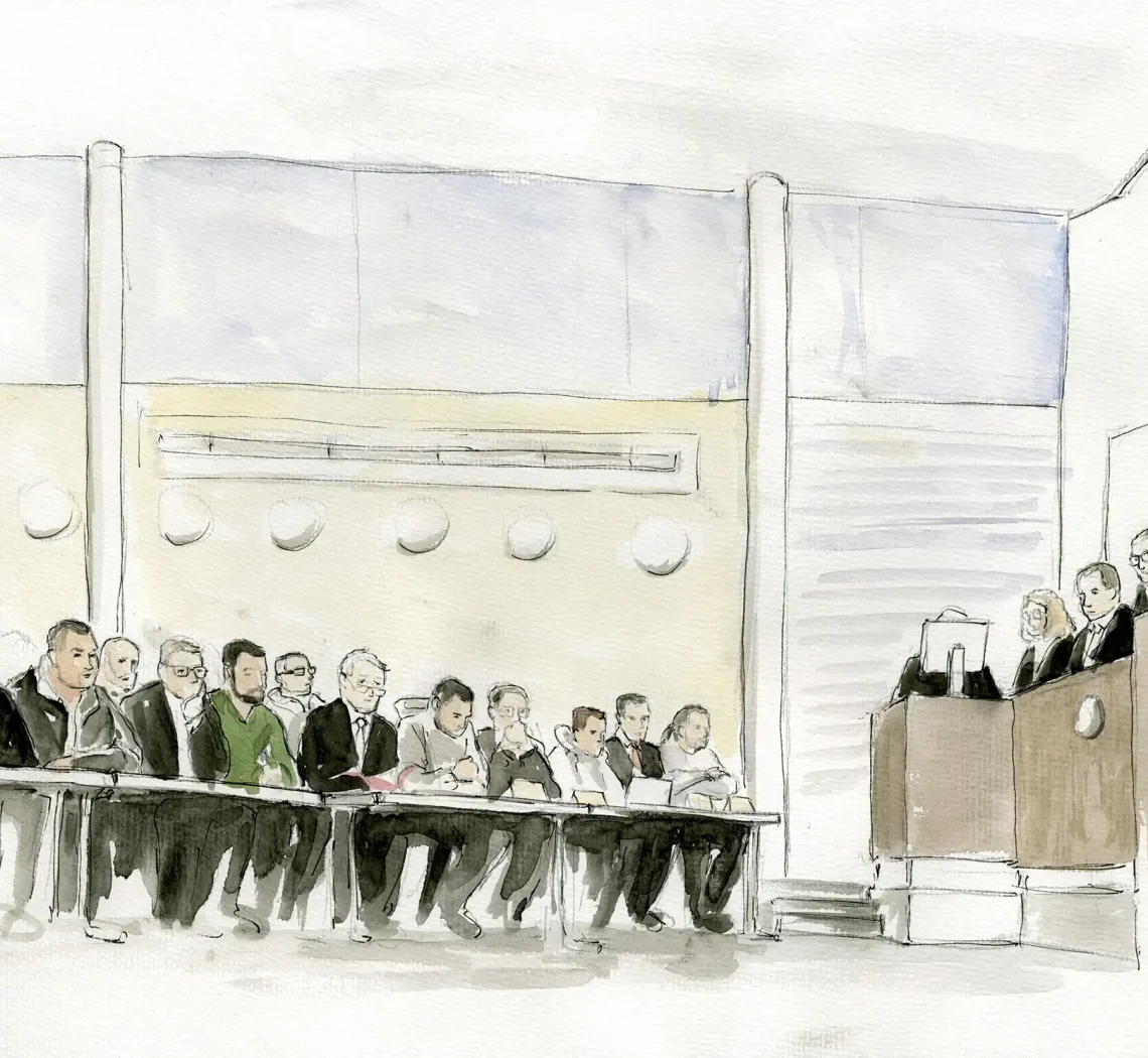 Gerichtszeichnung Hells Angels Prozess in Pforzheim - Gerichtszeichner Martin Burkhardt