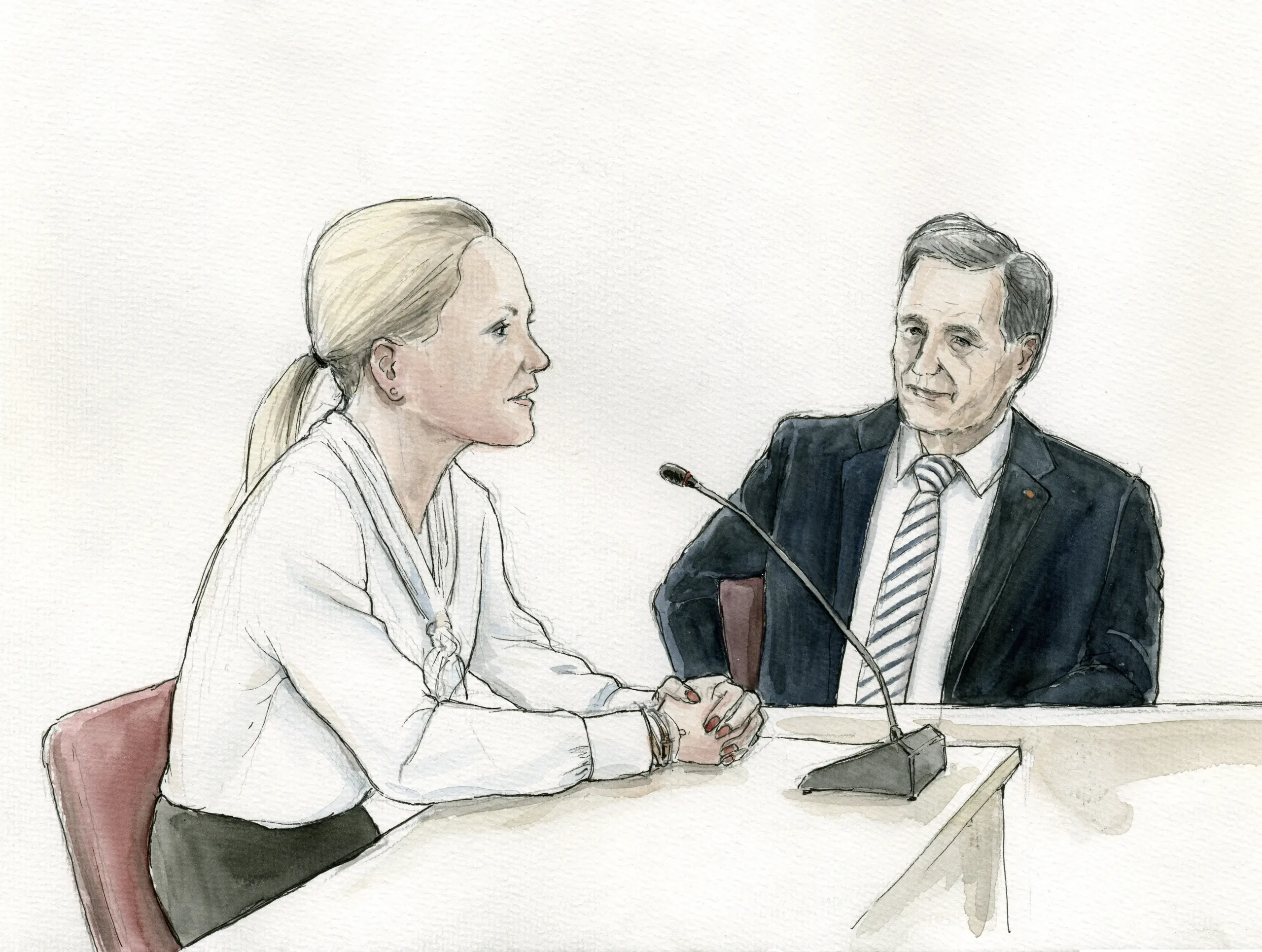 Gerichtszeichnung: Bettina Wulff im Zeugenstand beim Wulff-Prozess in Hannover - Gerichtszeichner Martin Burkhardt