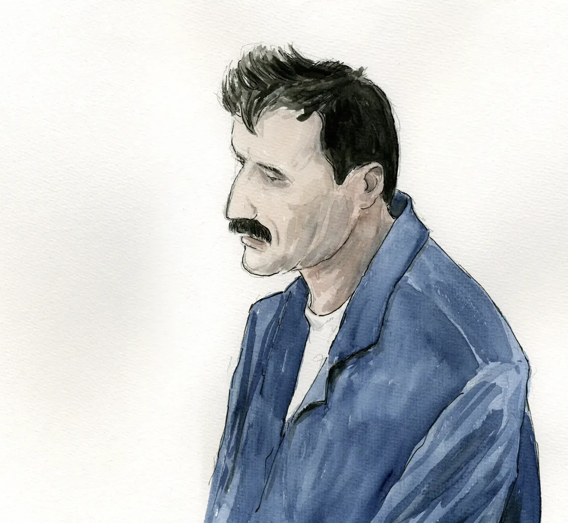 Gerichtszeichnung im Mordprozess Gabriele Z - Angeklagter - Gerichtszeichner Martin Burkhardt