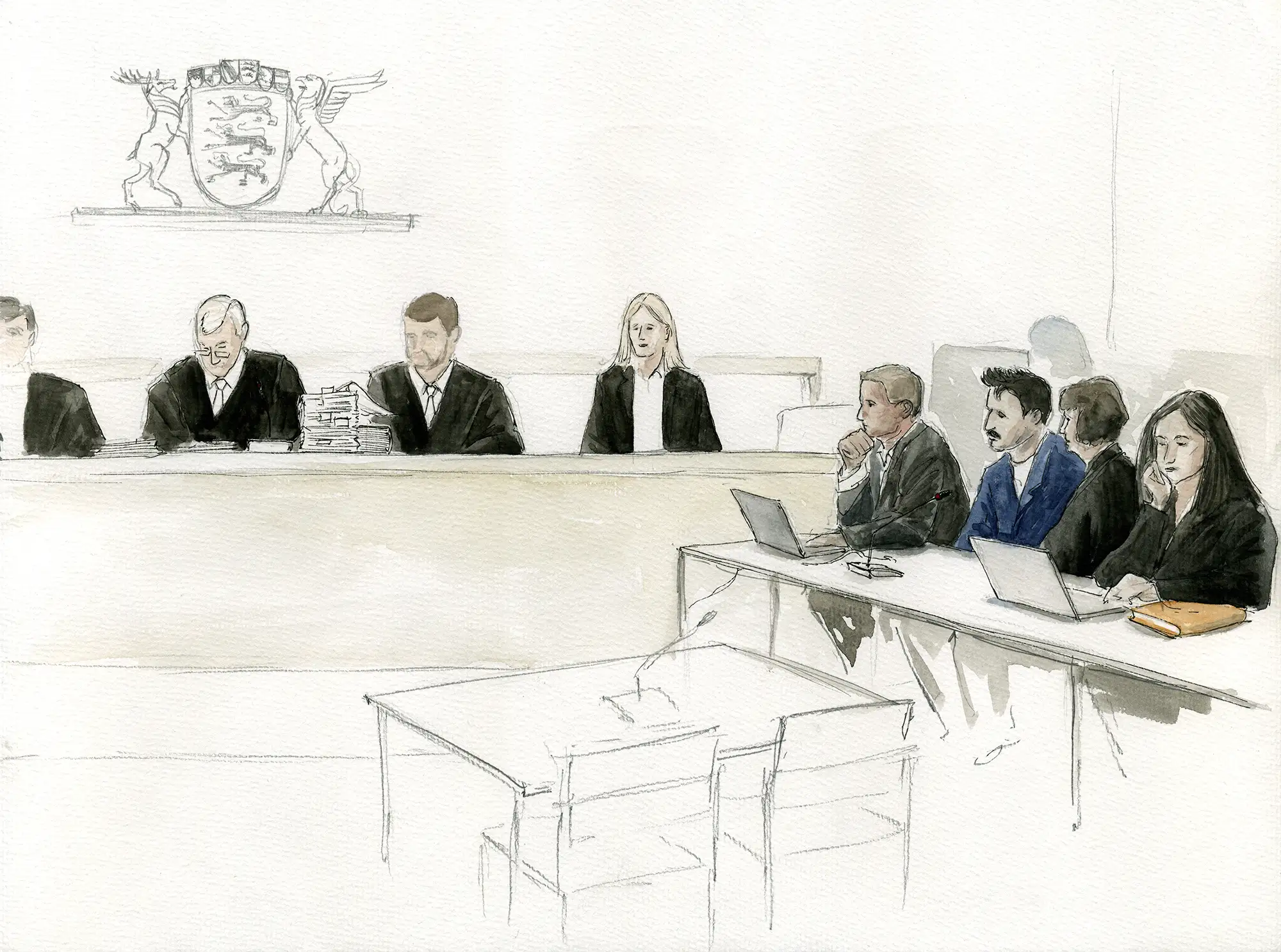Gerichtszeichnung im Mordprozess Gabriele Z - Richter, Angeklagter, Anwälte - Gerichtszeichner Martin Burkhardt