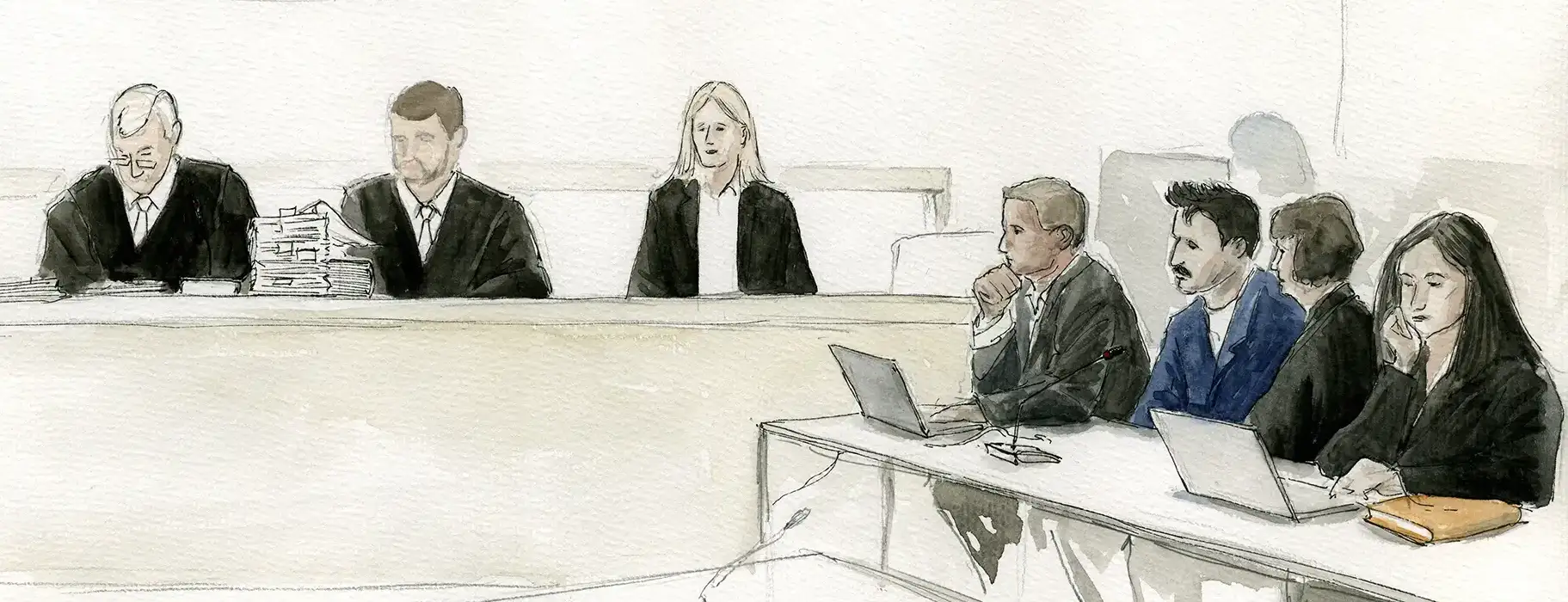 Gerichtszeichnung im Mordprozess Gabriele Z - Richter, Angeklagter, Anwälte - Gerichtszeichner Martin Burkhardt