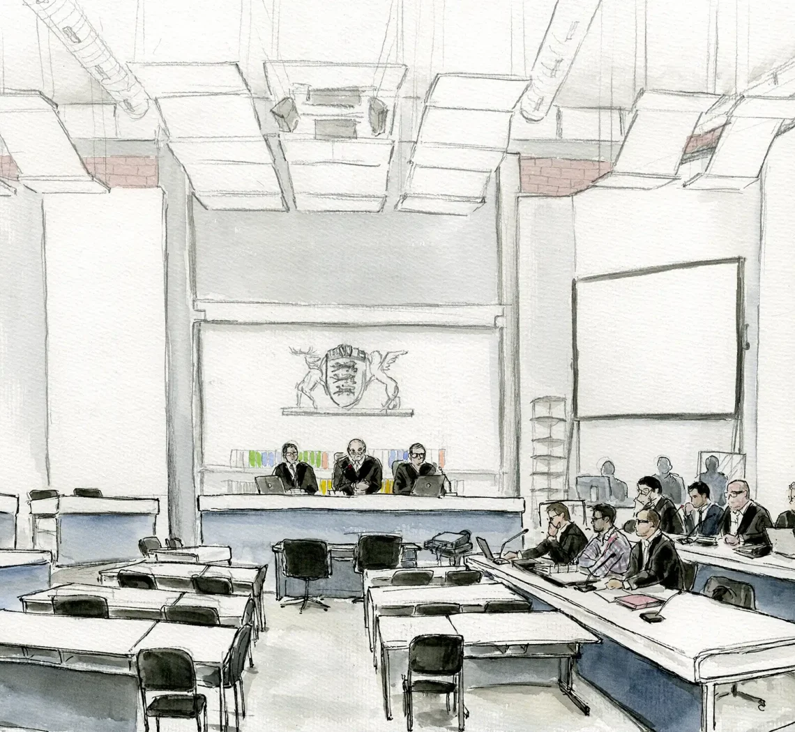 Gerichtszeichnung im Prozess um IS Unterstuetzer vorm OLG Stuttgart - Gerichtszeichner Martin Burkhardt