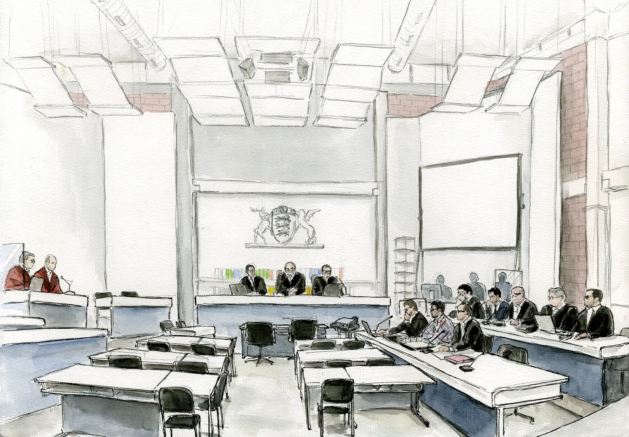 Gerichtszeichnung im Prozess um IS Unterstuetzer vorm OLG Stuttgart - Gerichtszeichner Martin Burkhardt