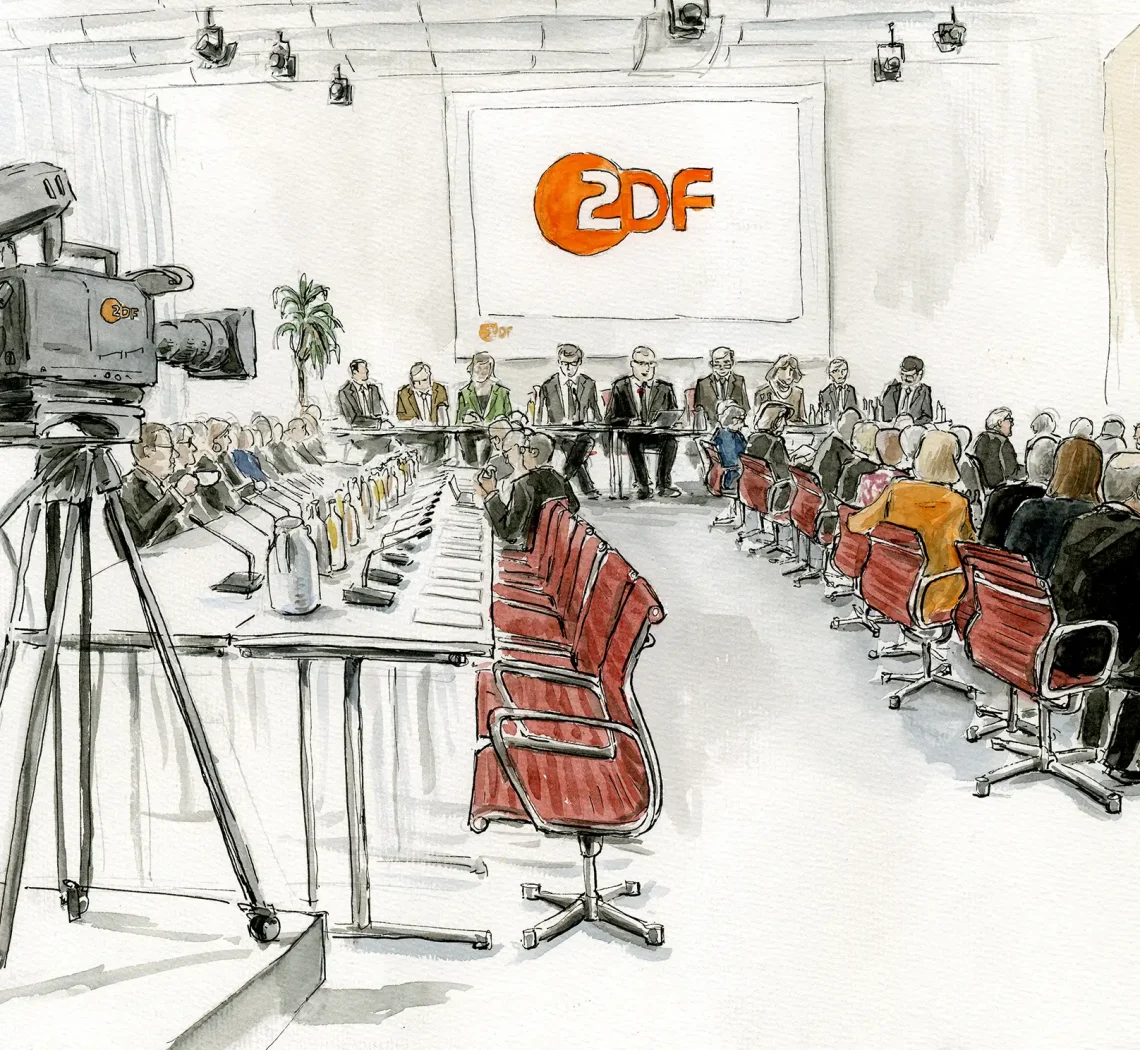 Gerichtszeichnung für NDR Zapp beim ZDF Fernsehrat - Gerichtszeichner Martin Burkhardt