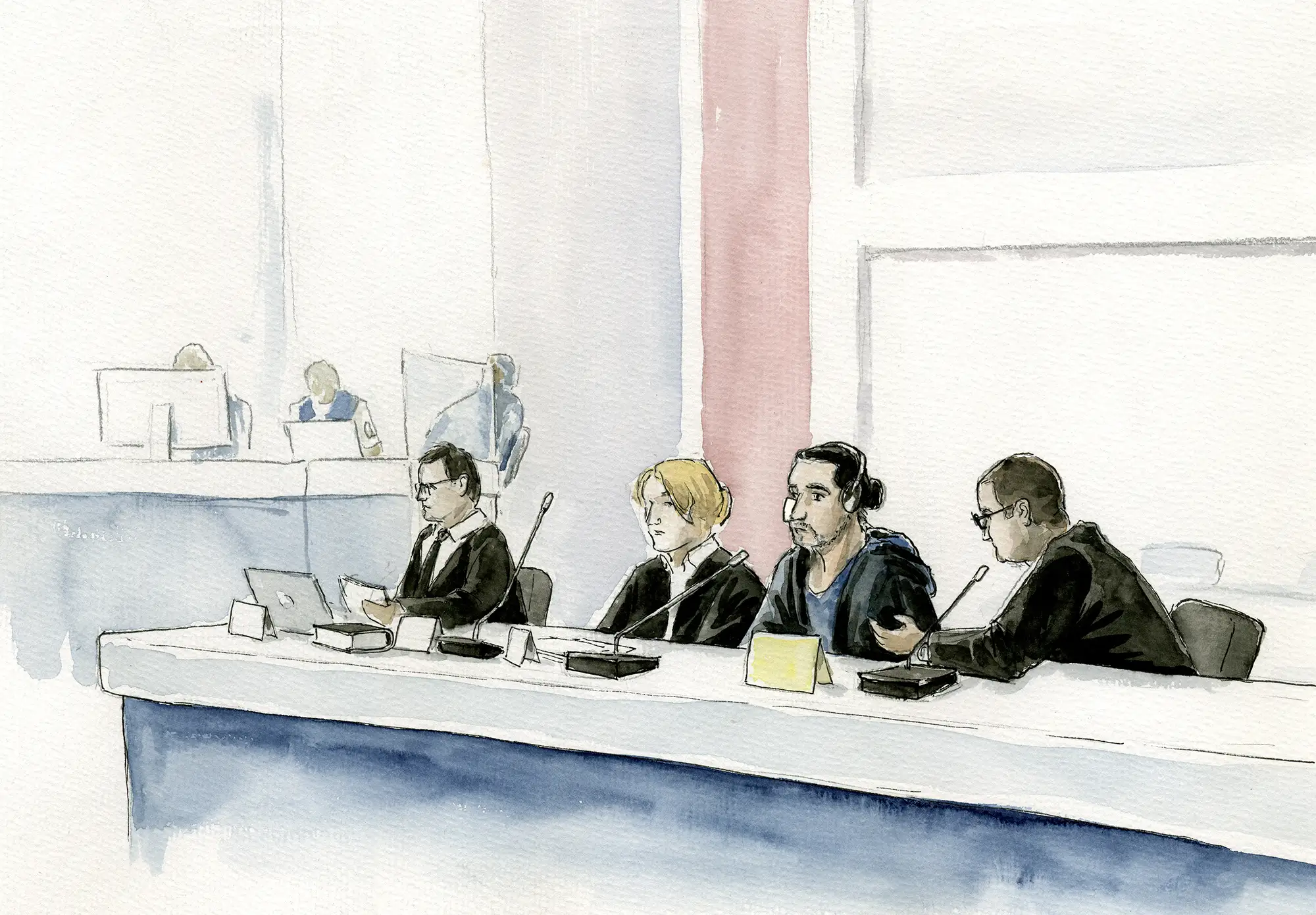 Gerichtszeichnung in einem Terror-Prozess vorm OLG Stuttgart - Angeklagter mit Anwälten und Dolmetscher - Gerichtszeichner Martin Burkhardt