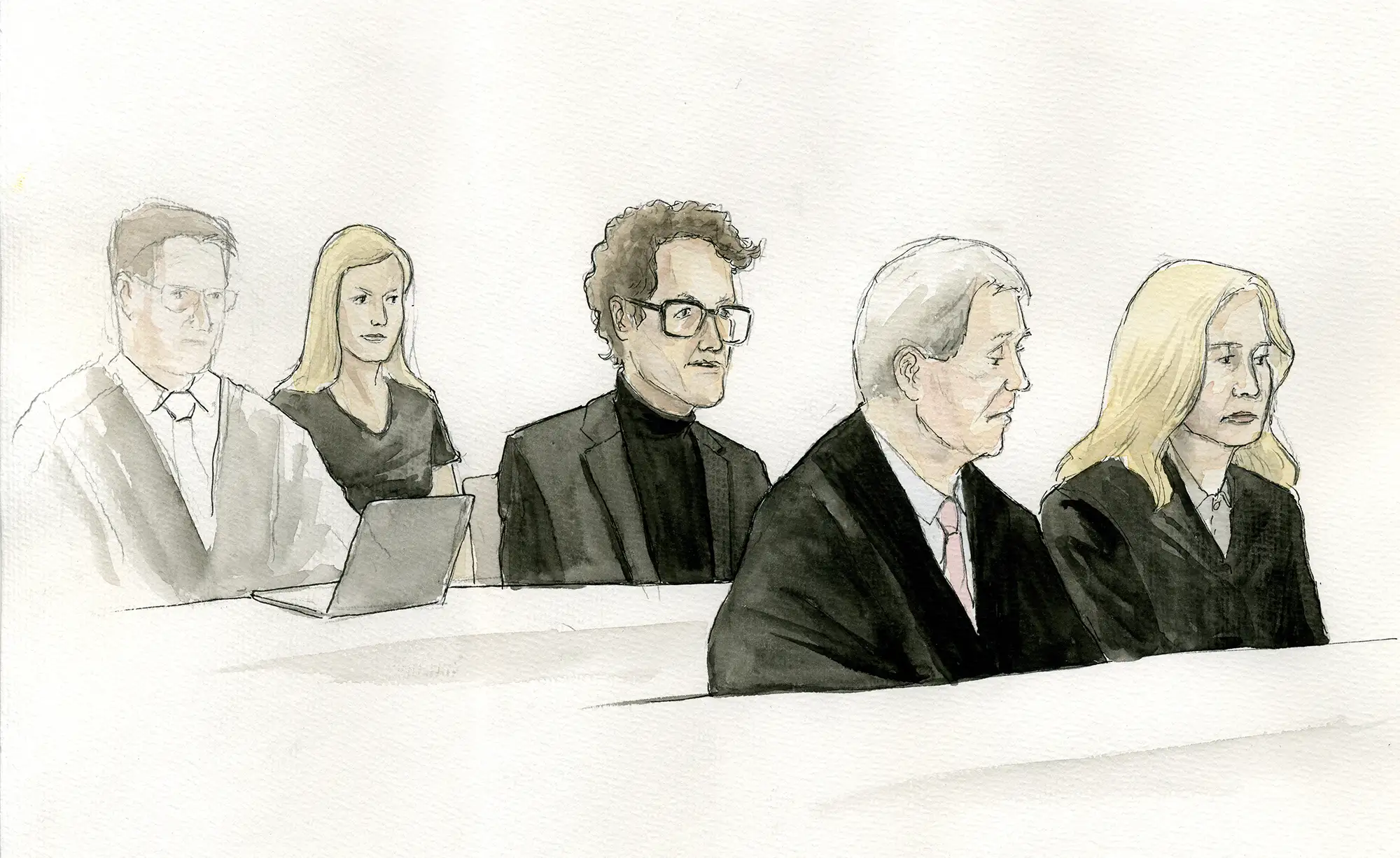 Gerichtszeichnung Schlecker-Prozess - Anton Schleckers Frau, Sohn und Tocher mit ihren Anwälten - Gerichtszeichner Martin Burkhardt