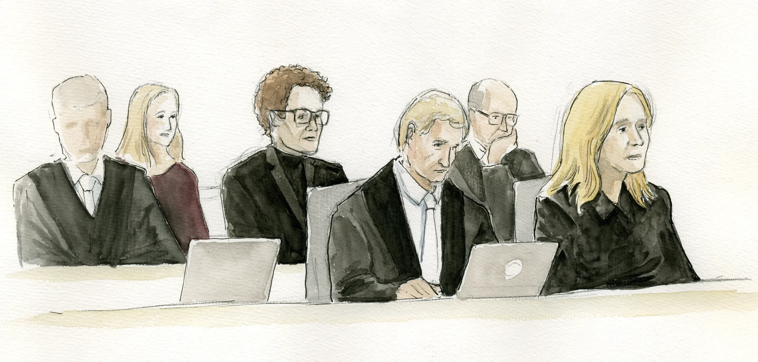 Gerichtszeichnung Schlecker-Prozess - Anton Schleckers Frau, Sohn und Tocher mit ihren Anwälten - Gerichtszeichner Martin Burkhardt