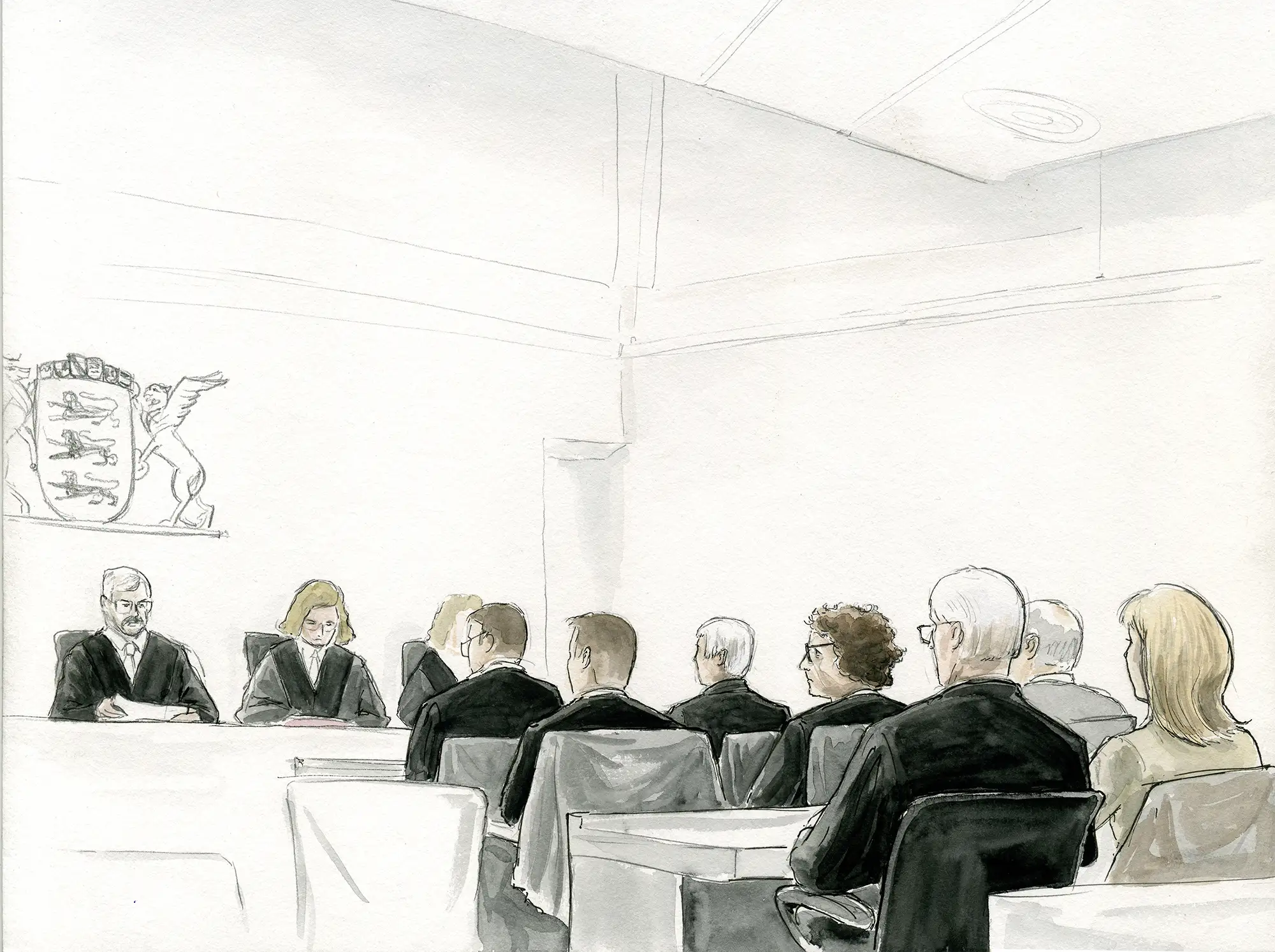 Gerichtszeichnung Schlecker-Prozess - Angeklagte, Verteidiger und Richter - Gerichtszeichner Martin Burkhardt
