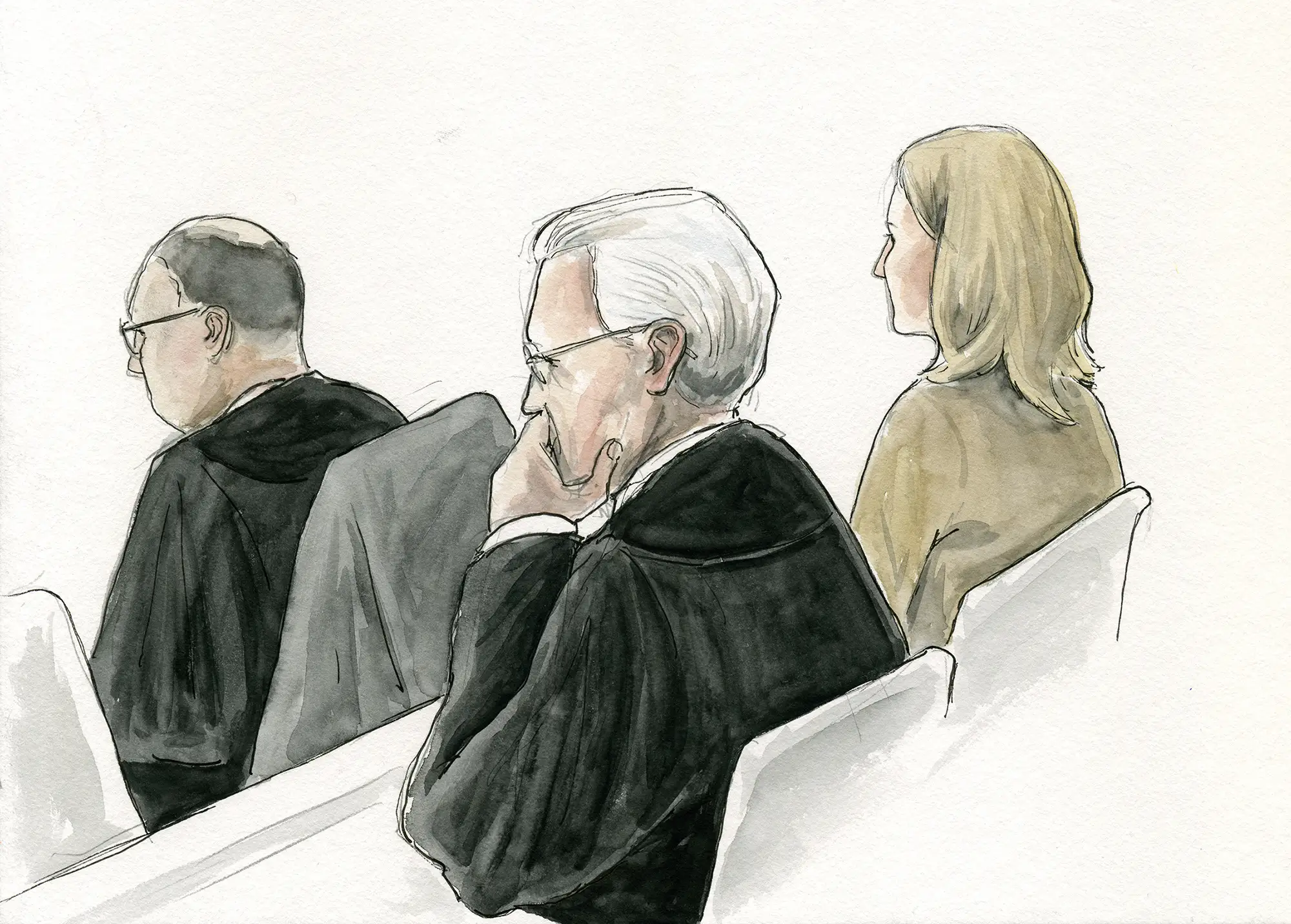 Gerichtszeichnung Schlecker-Prozess - Anton Schlecker Tochter mit Anwälten - Gerichtszeichner Martin Burkhardt