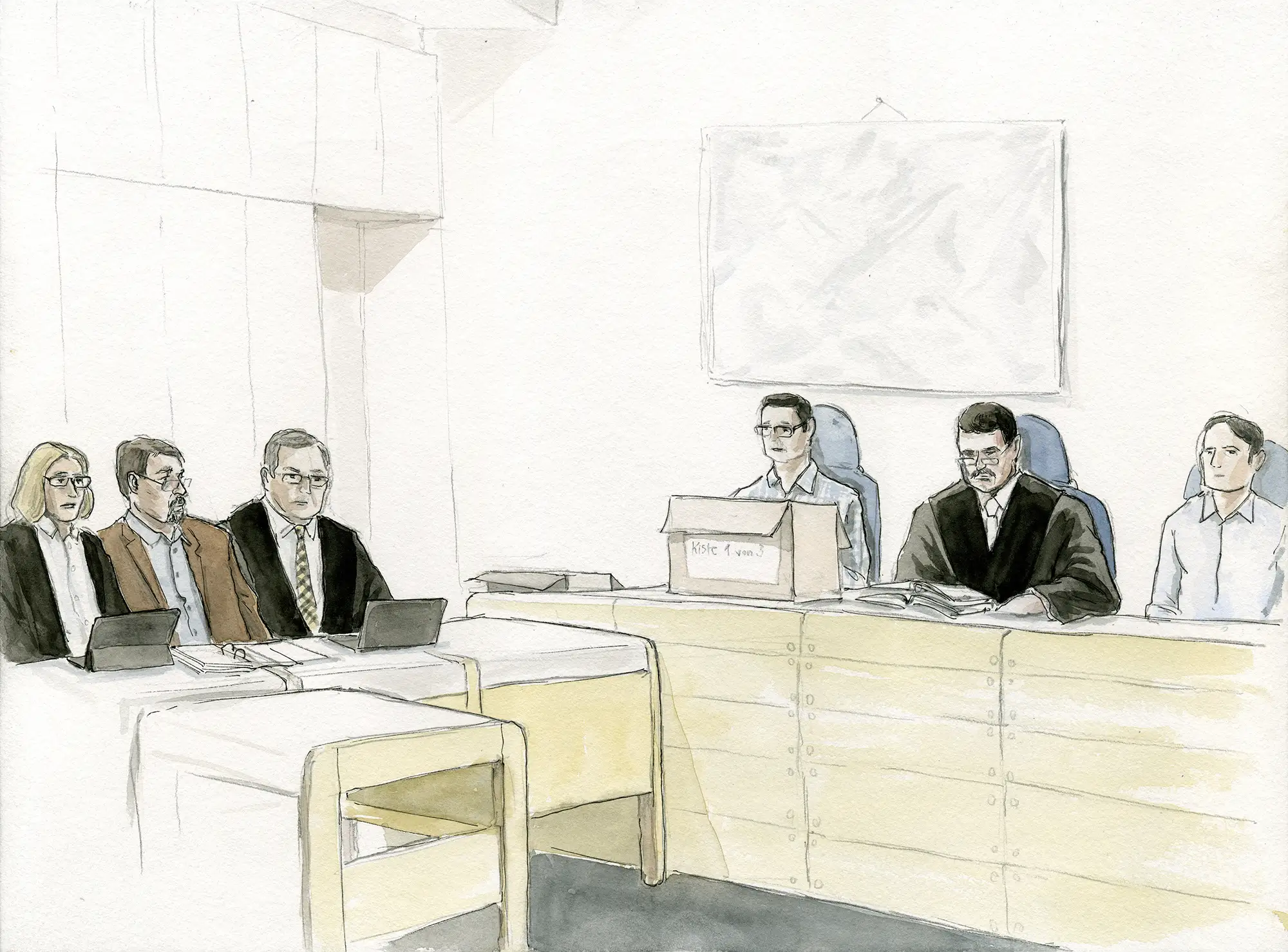 Gerichtszeichnung Untreue-Prozess Michelstadt – Angeklagter, Anwälte und Richterbank - Gerichtszeichner Martin Burkhardt