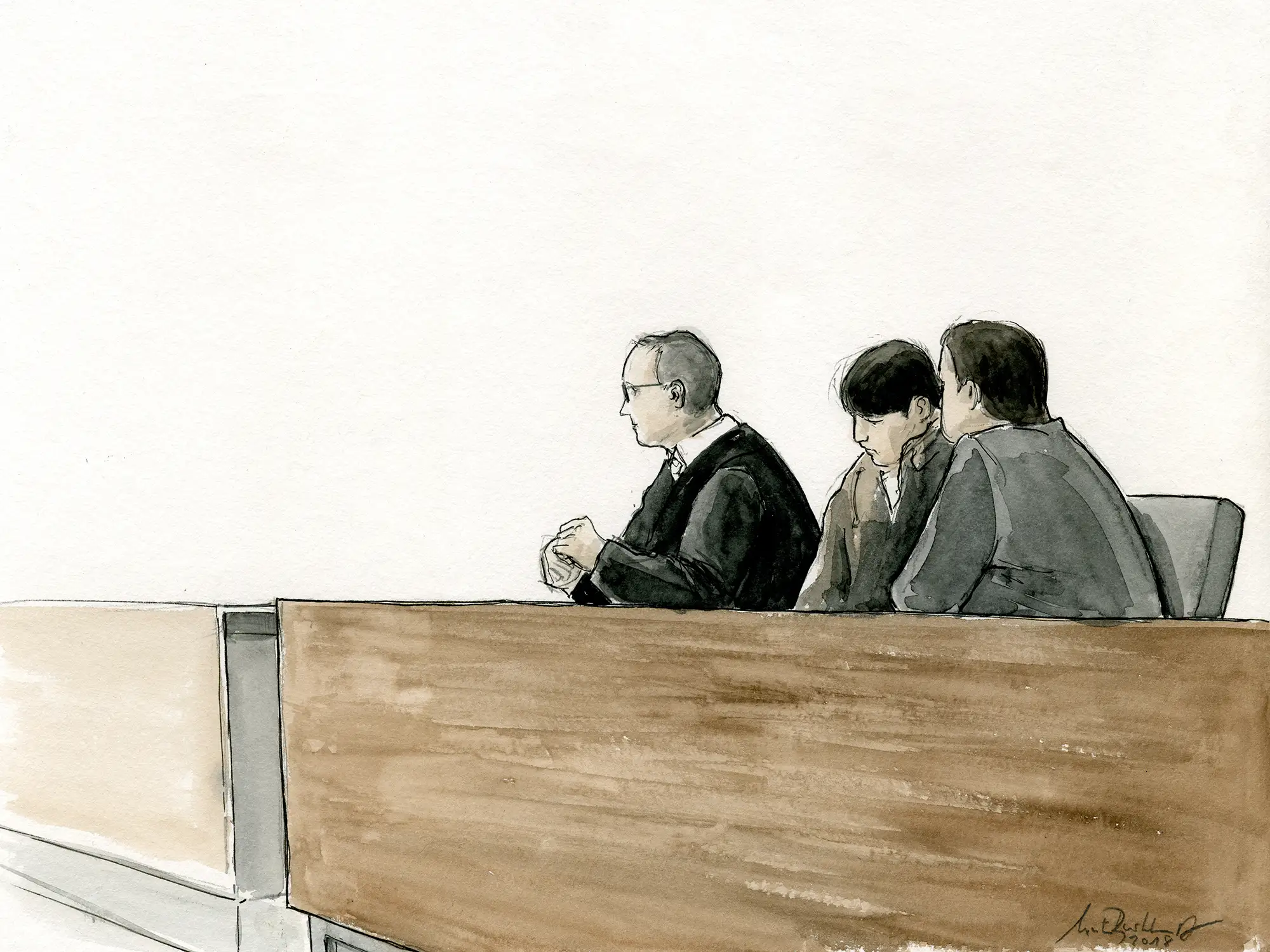 Gerichtszeichnung vom Mordprozess Hussein K. in Freiburg – Angeklagter, Verteidiger und Dolmetscher - Gerichtszeichner Martin Burkhardt
