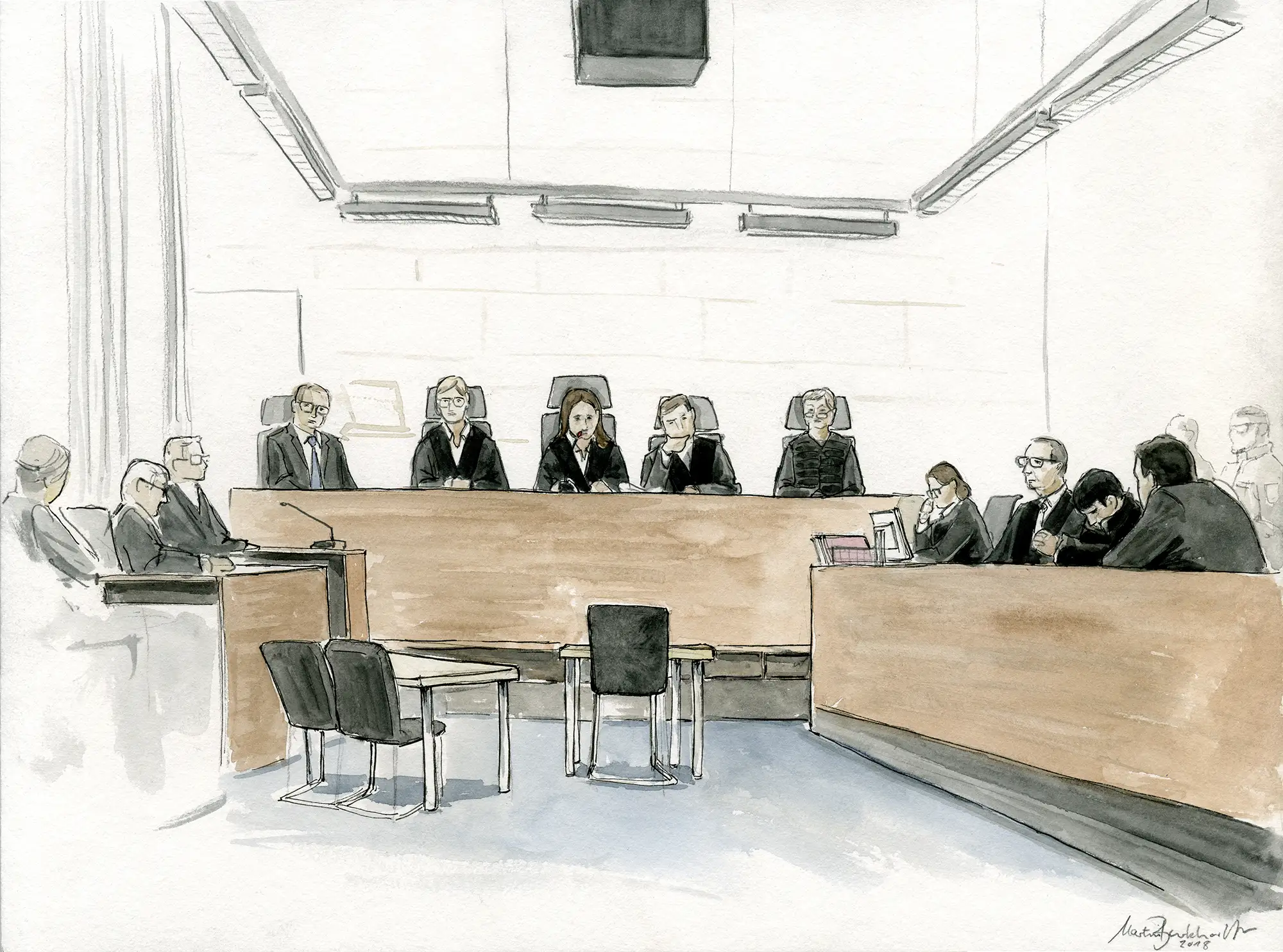 Grichtszeichnung vom Mordprozess Hussein K. in Freiburg – Staatsanwaltschaft, Richter und Angeklagter mit Verteidigung - Gerichtszeichner Martin Burkhardt