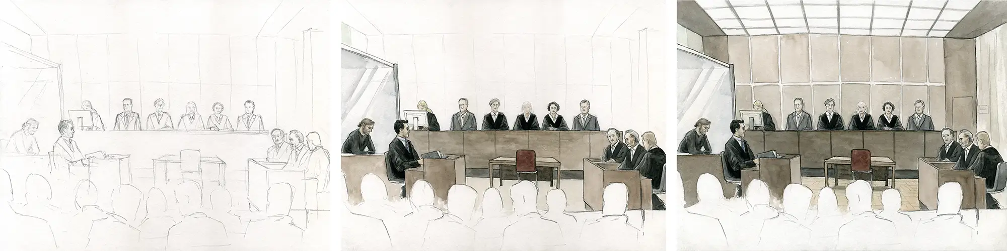 Gerichtszeichnung für den Kinofilm "Der Fall Collini": Gerichtssaal - making of - Gerichtszeichner Martin Burkhardt