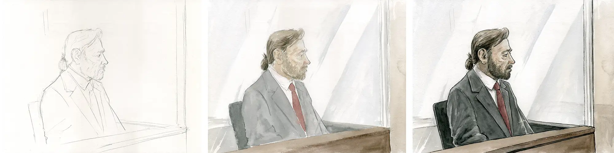 Gerichtszeichnung für den Kinofilm "Der Fall Collini": Franco Nero - making of - Gerichtszeichner Martin Burkhardt