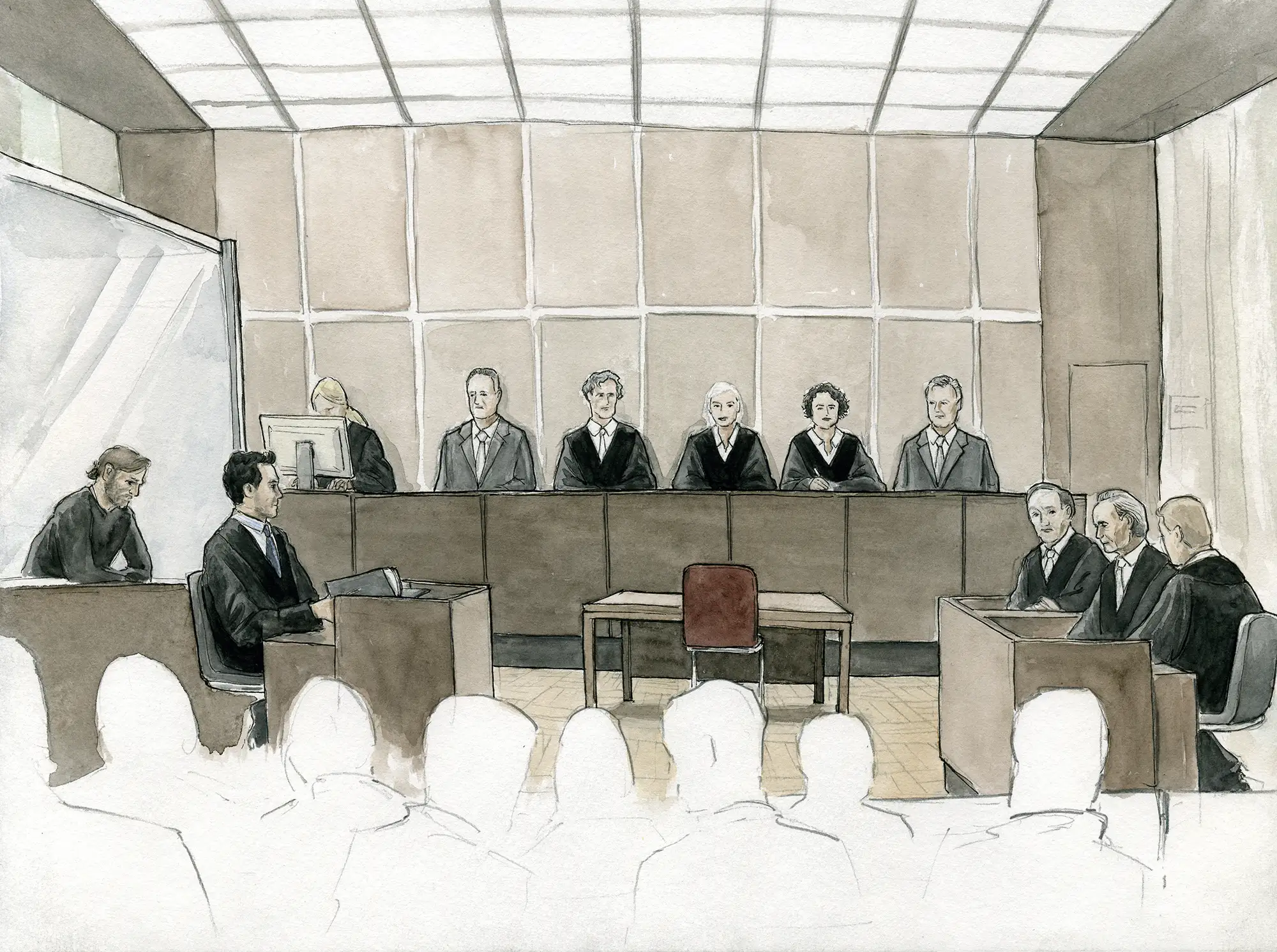 Gerichtszeichnung für den Kinofilm "Der Fall Collini": Gerichtssaal mit Elyas M'Barak als Verteidiger - Gerichtszeichner Martin Burkhardt