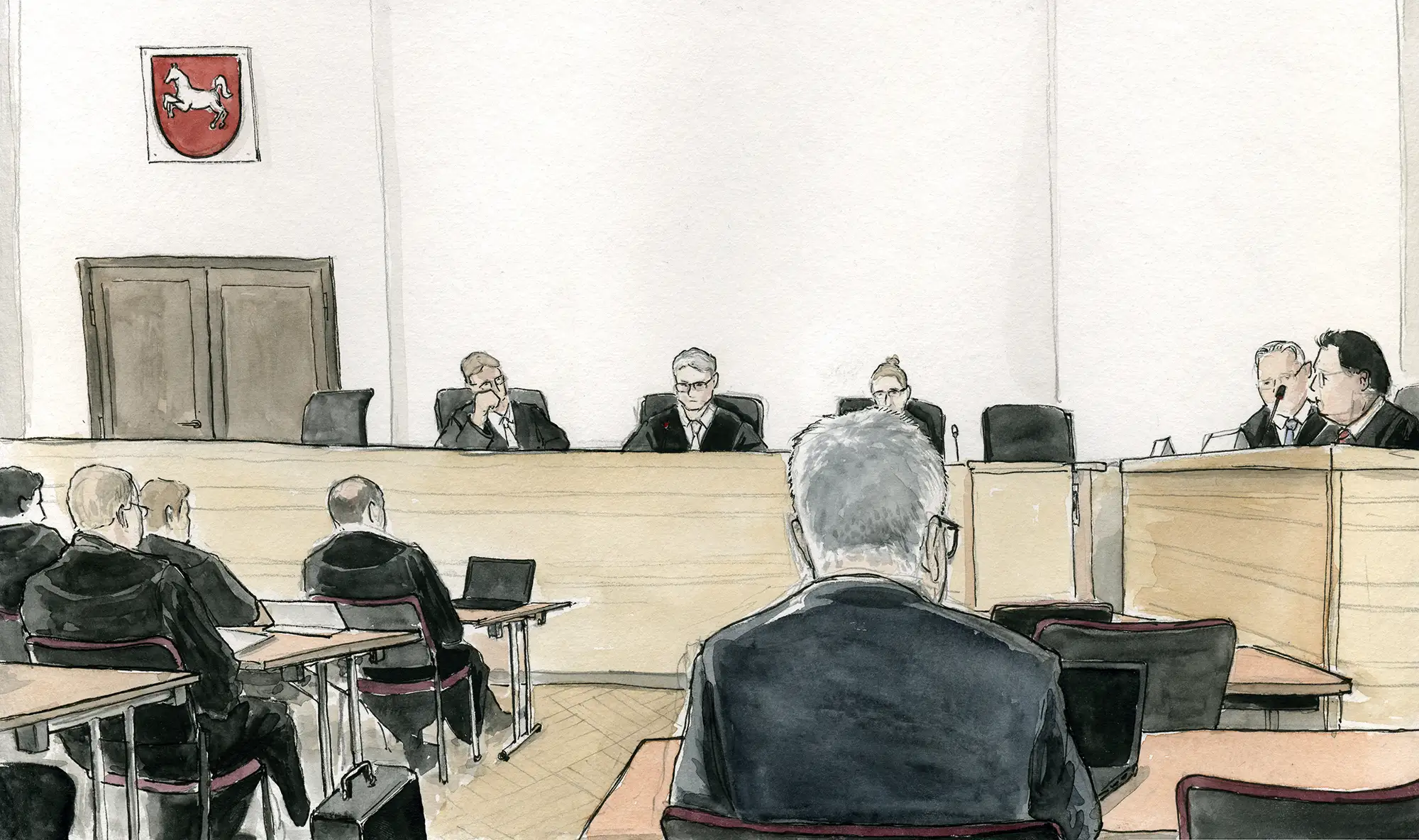Gerichtszeichnung - Kapitalmusterprozess Hannover - Gerichtszeichner Martin Burkhardt