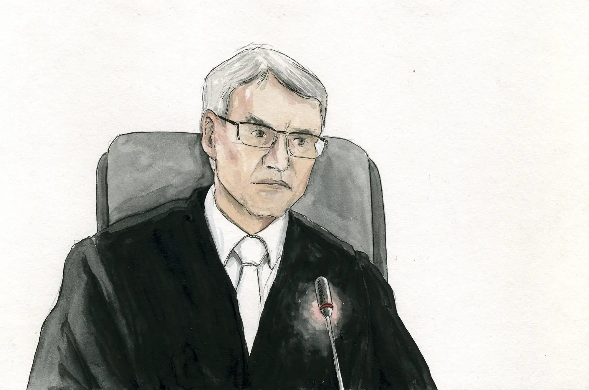 Gerichtszeichnung - Kapitalmusterprozess Hannover - Vorsitzender Richter - Gerichtszeichner Martin Burkhardt